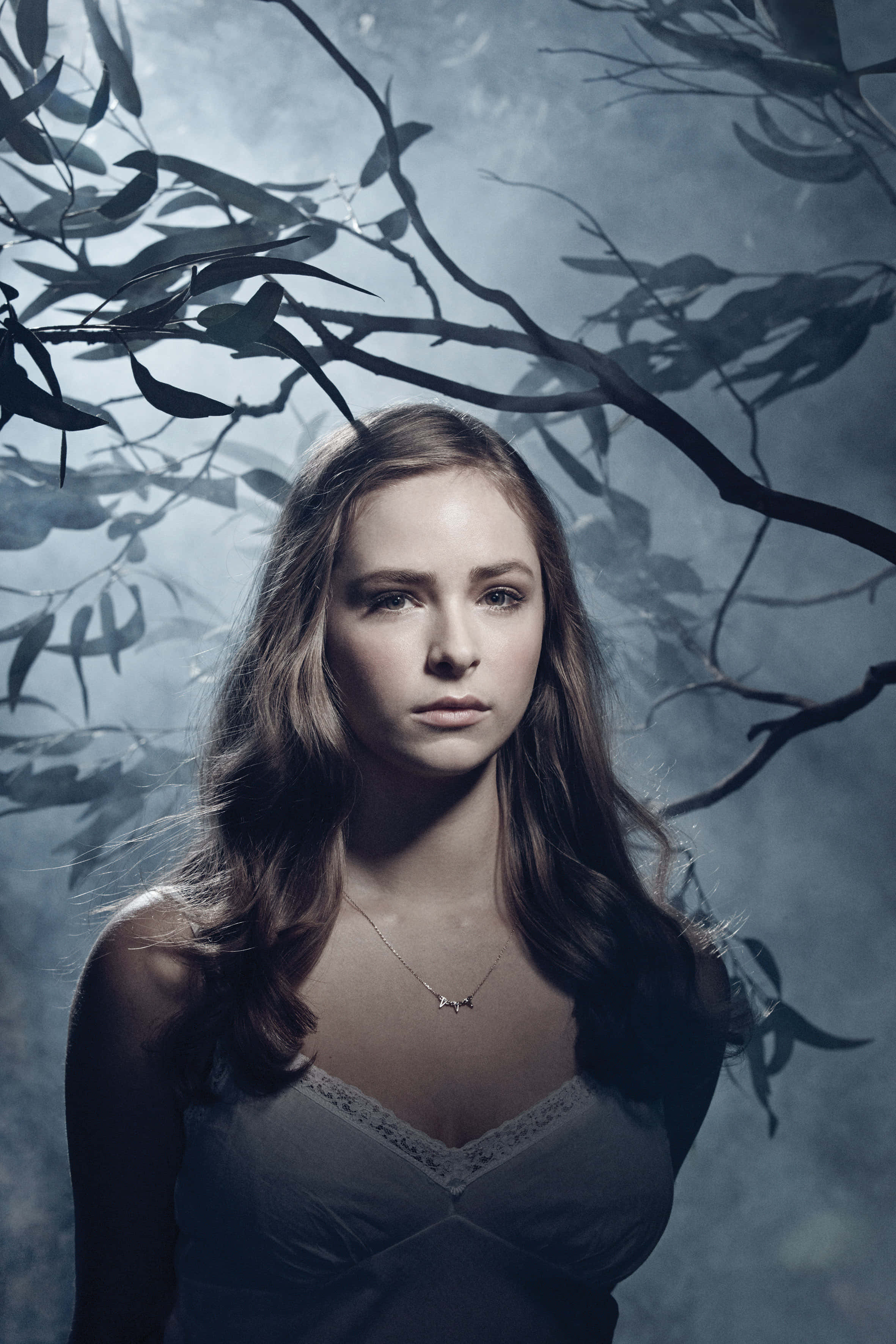 Ashleigh Cummings, long brown hair, dark silhouetted tree branches, 2K Phone Wallpaper