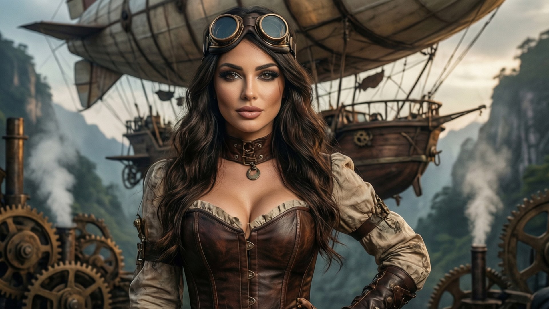 Ashleigh Cummings, steampunk costume, airship backdrop, Full HD Desktop Wallpaper