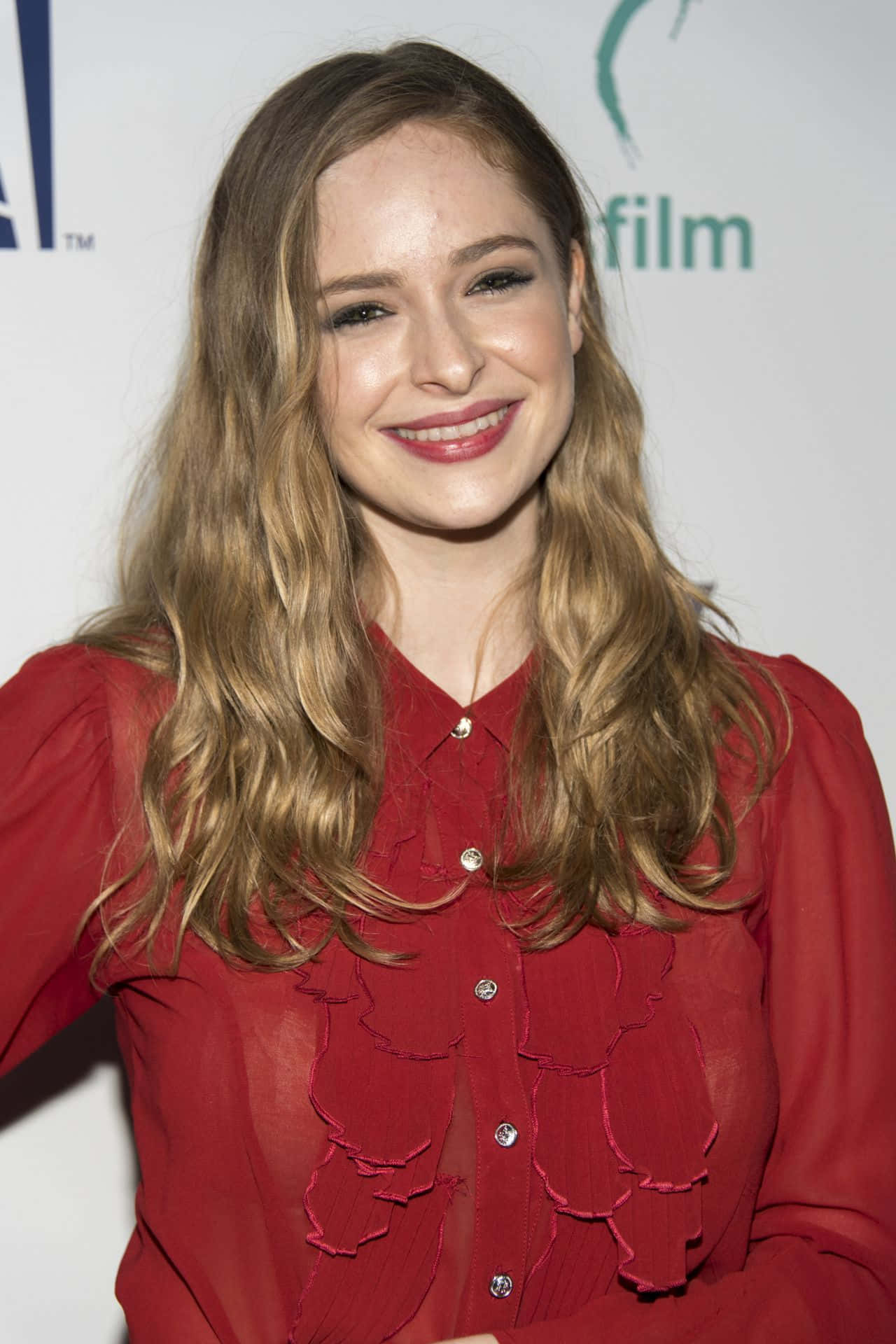 Ashleigh Cummings, red ruffled blouse, wavy blonde hair, Full HD Phone Wallpaper