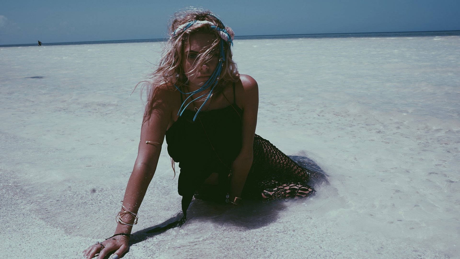 Ashley Benson, blue beaded headband, turquoise water, Full HD Desktop Wallpaper