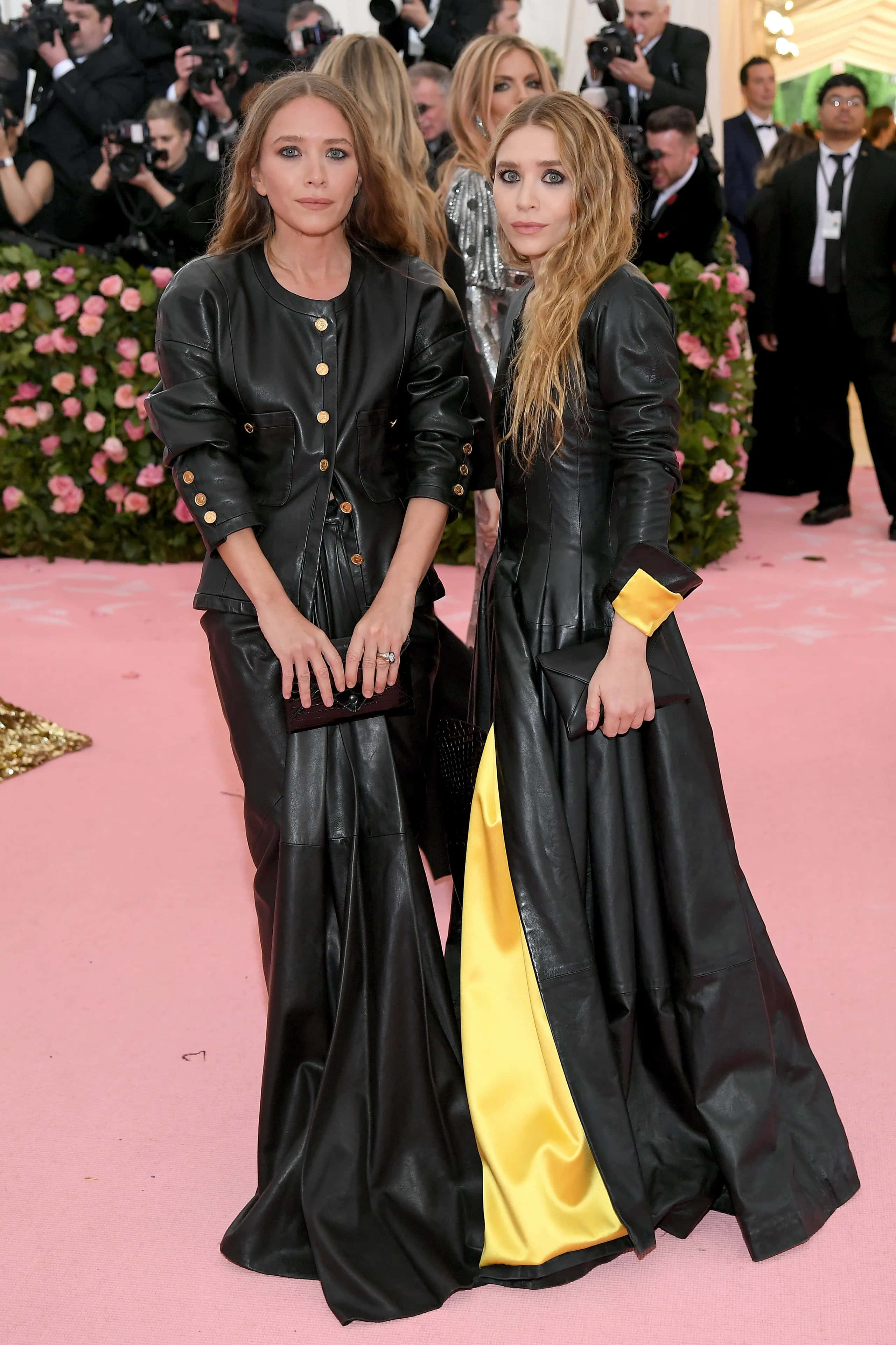 Ashley Olsen, black leather outfits, pink carpet, 4K Phone Wallpaper