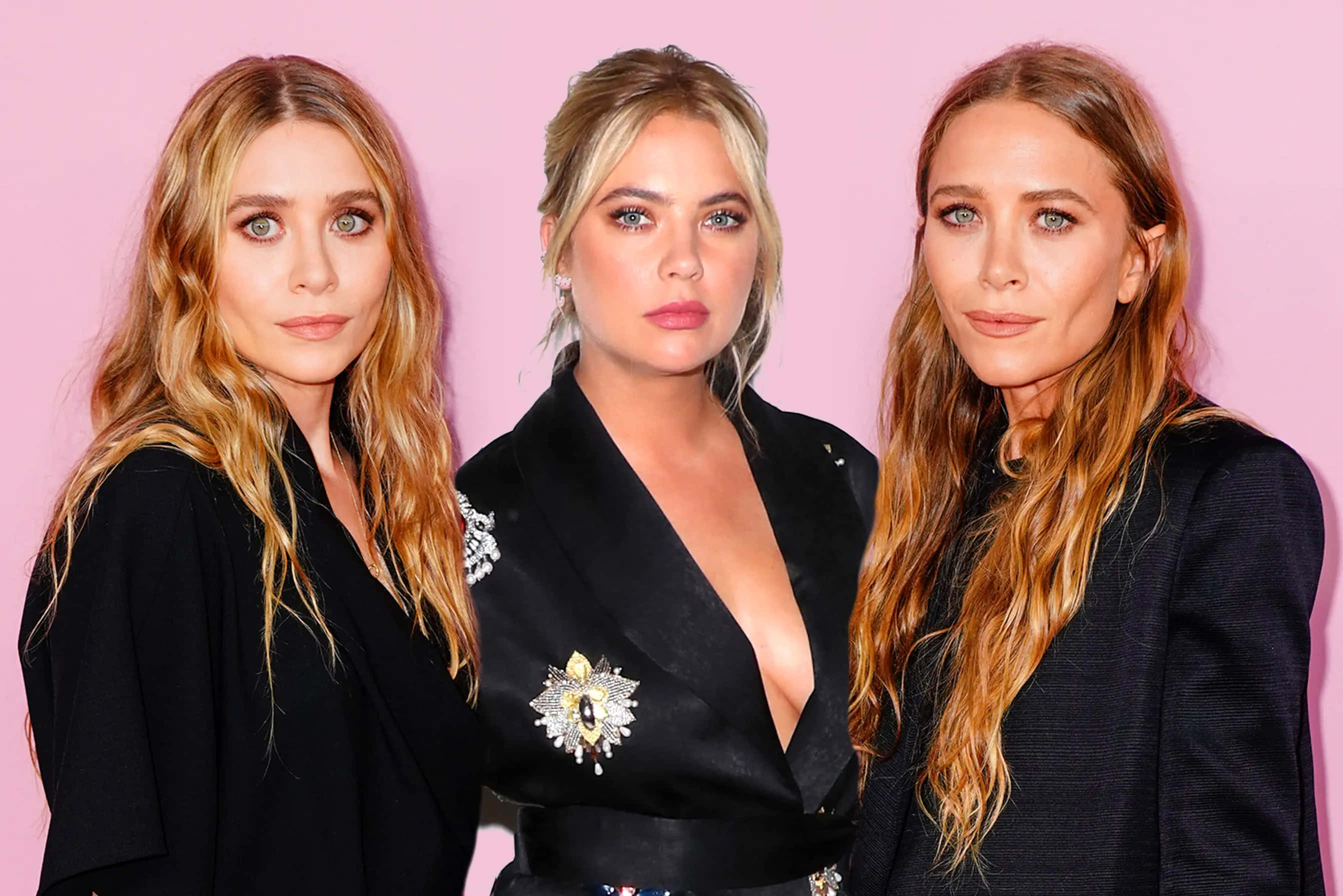 Ashley Olsen, red wallpaper, solid pink background, 2K Desktop Wallpaper