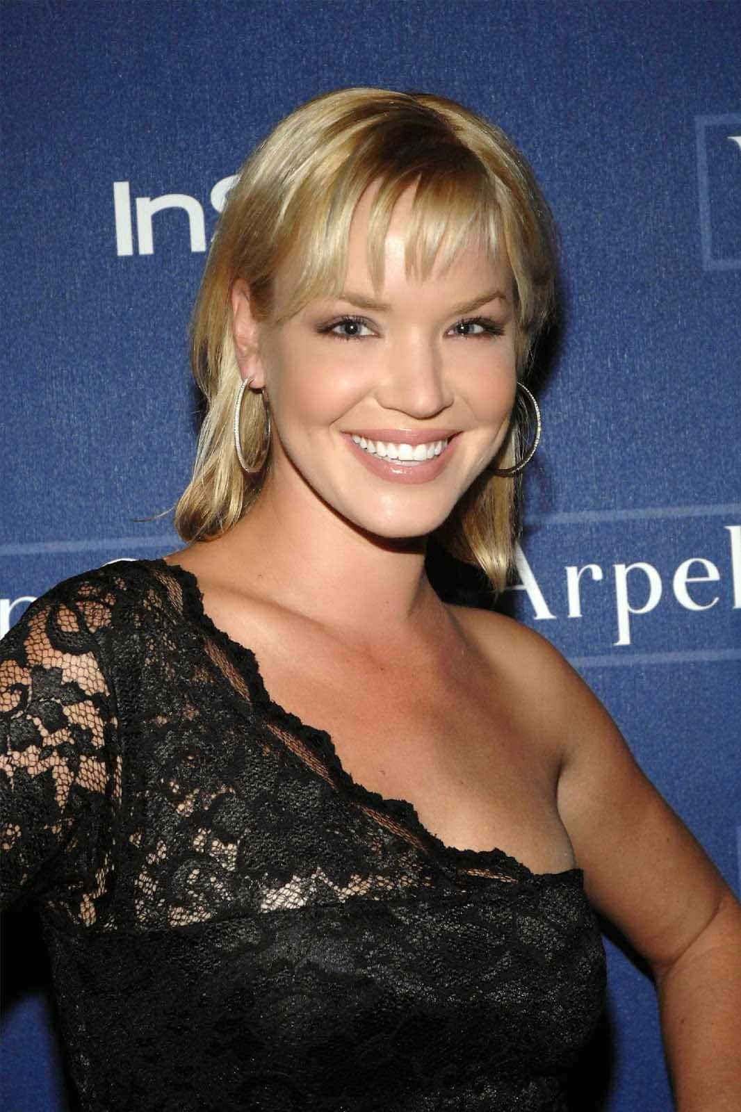 Ashley Scott, black lace dress, blue branded backdrop, HD Phone Wallpaper