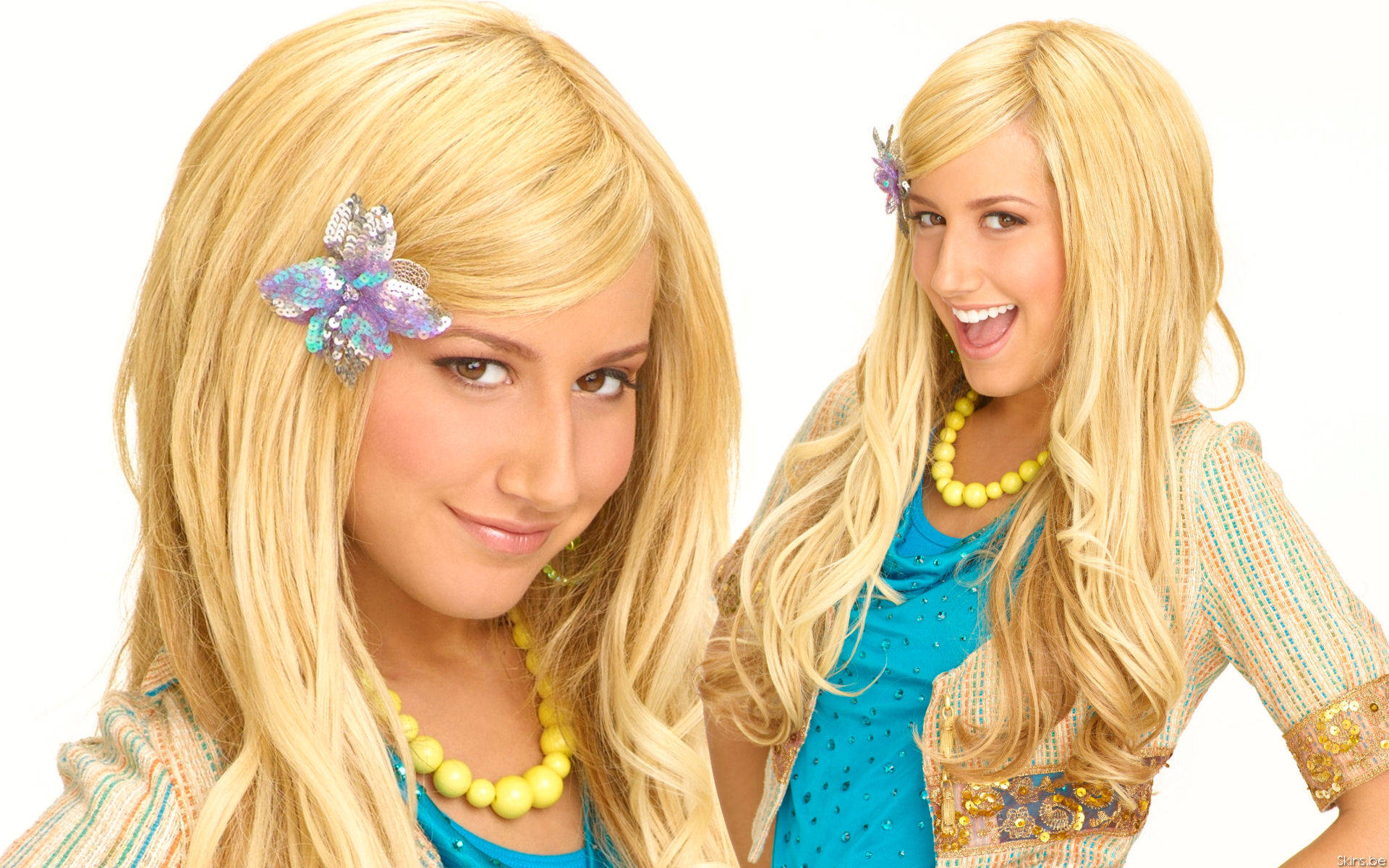 Ashley Tisdale, butterfly hair clip, yellow necklace, Full HD Desktop Wallpaper