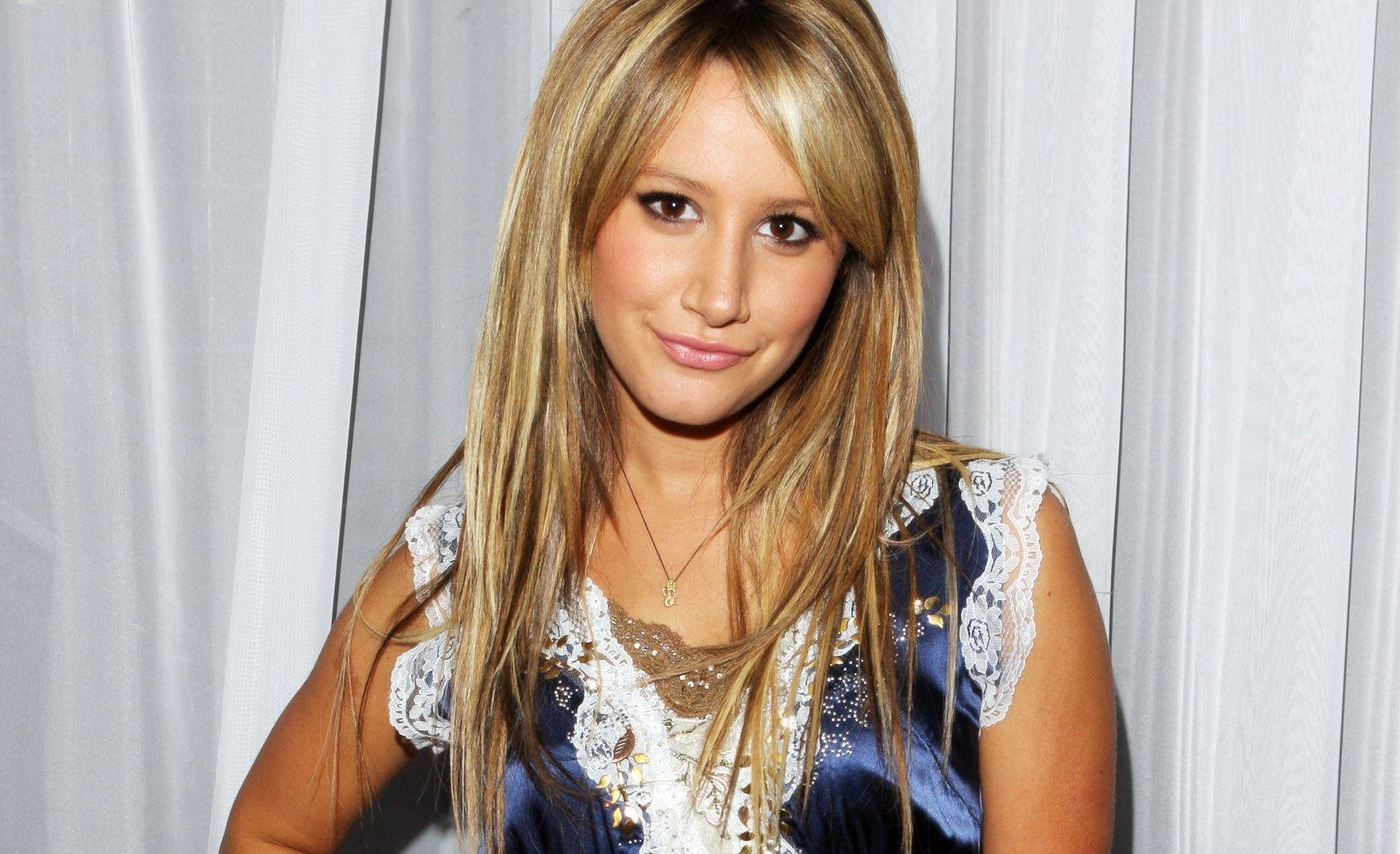 Ashley Tisdale, blue and white lace top, long blonde hair, Full HD Desktop Wallpaper