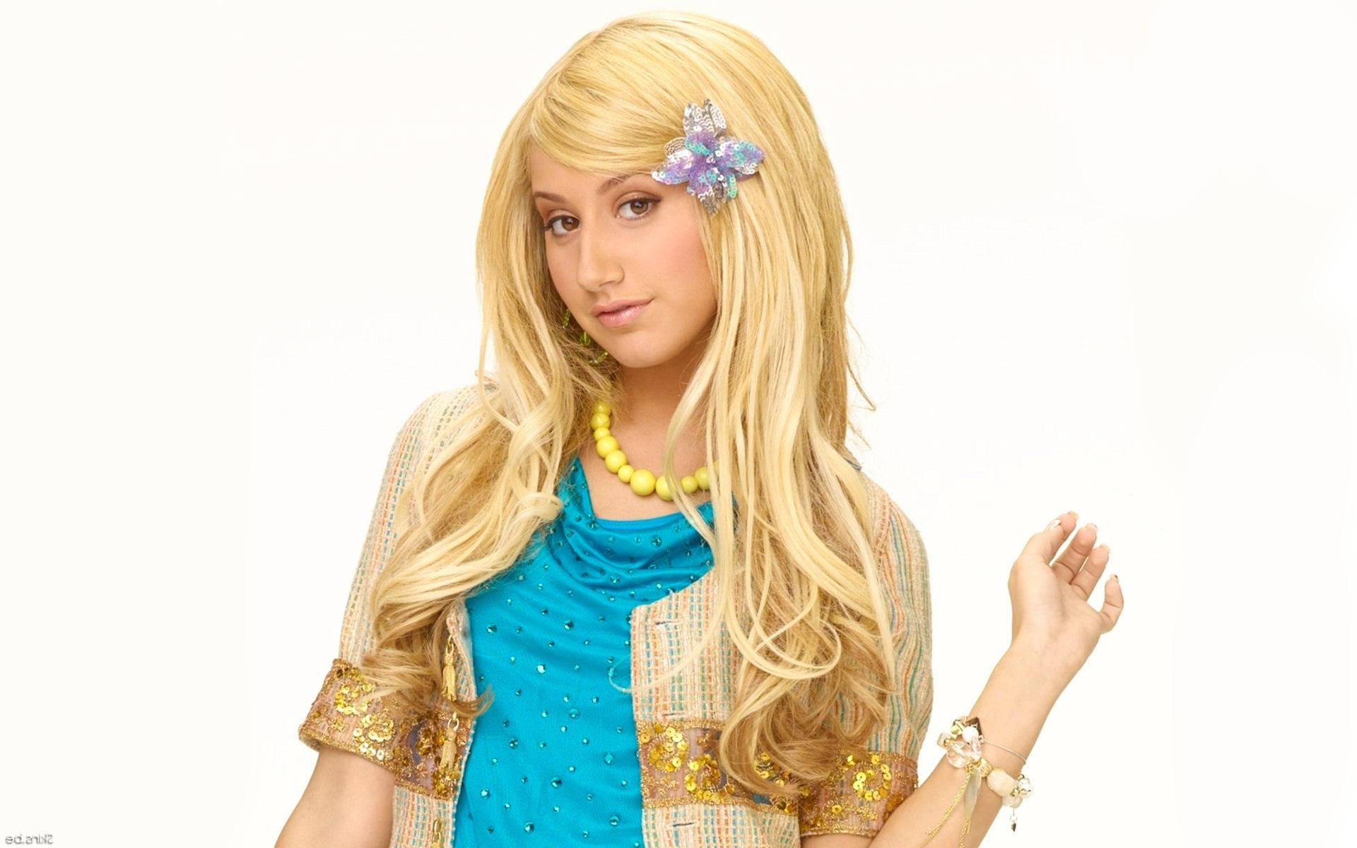 Ashley Tisdale, long blonde hair, sparkling flower clip, Full HD Desktop Wallpaper