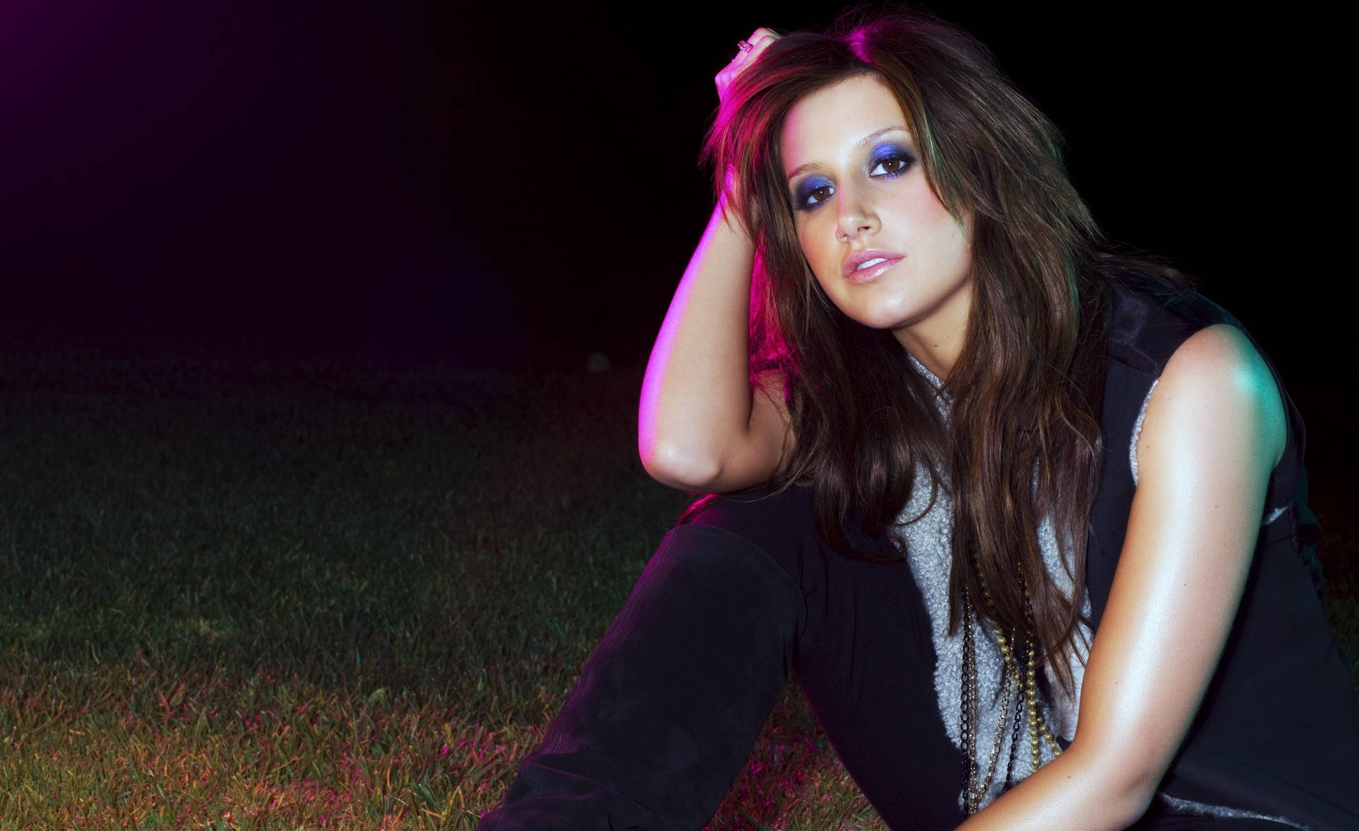 Ashley Tisdale, blue eyeshadow, neon pink and teal lights, Full HD Desktop Wallpaper