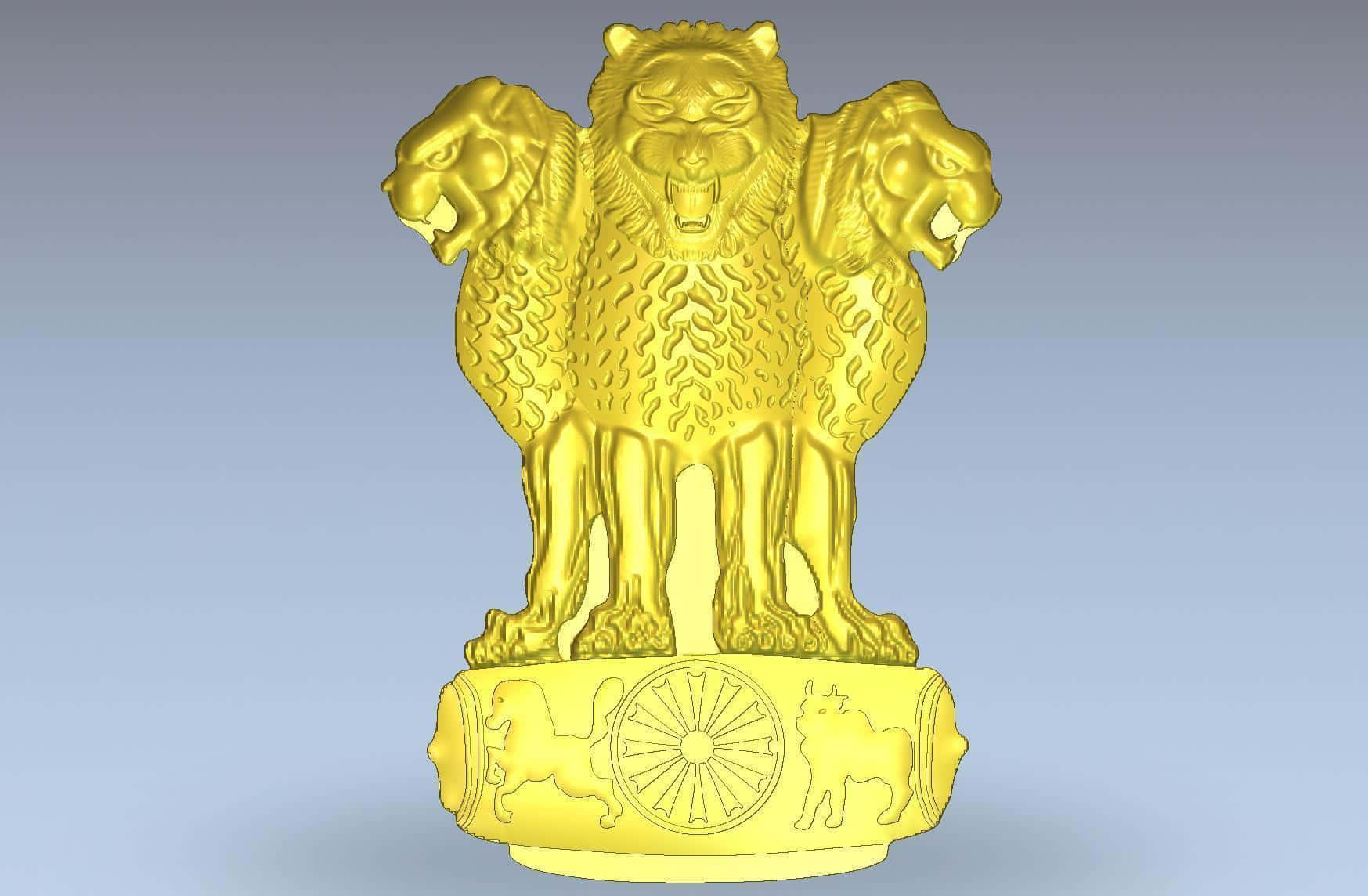 Ashoka Pillar, golden three-headed lion statue, detailed mane, HD Desktop Wallpaper