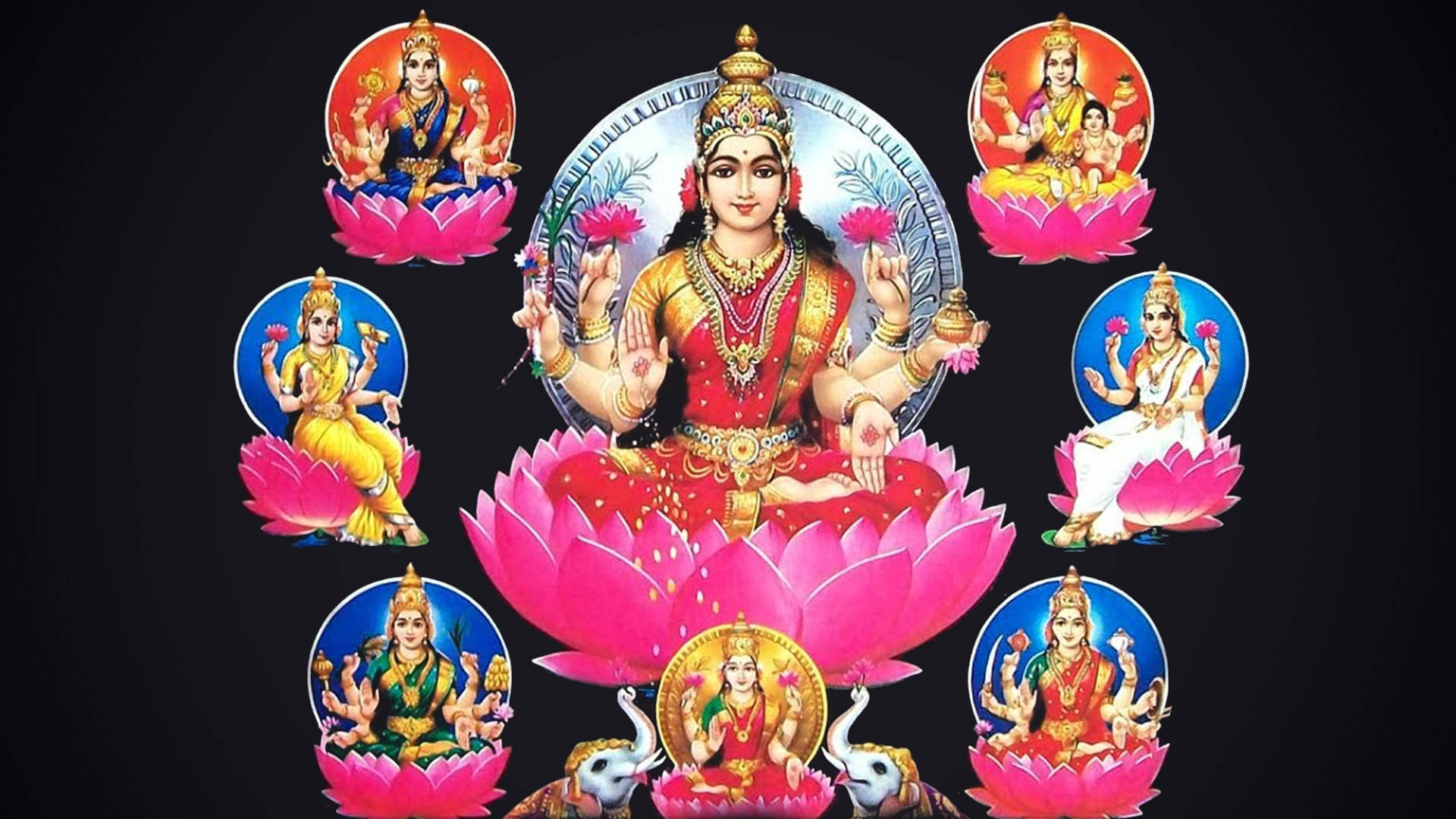 Ashta Lakshmi, Hindu goddess, multiple arms, Full HD Desktop Wallpaper