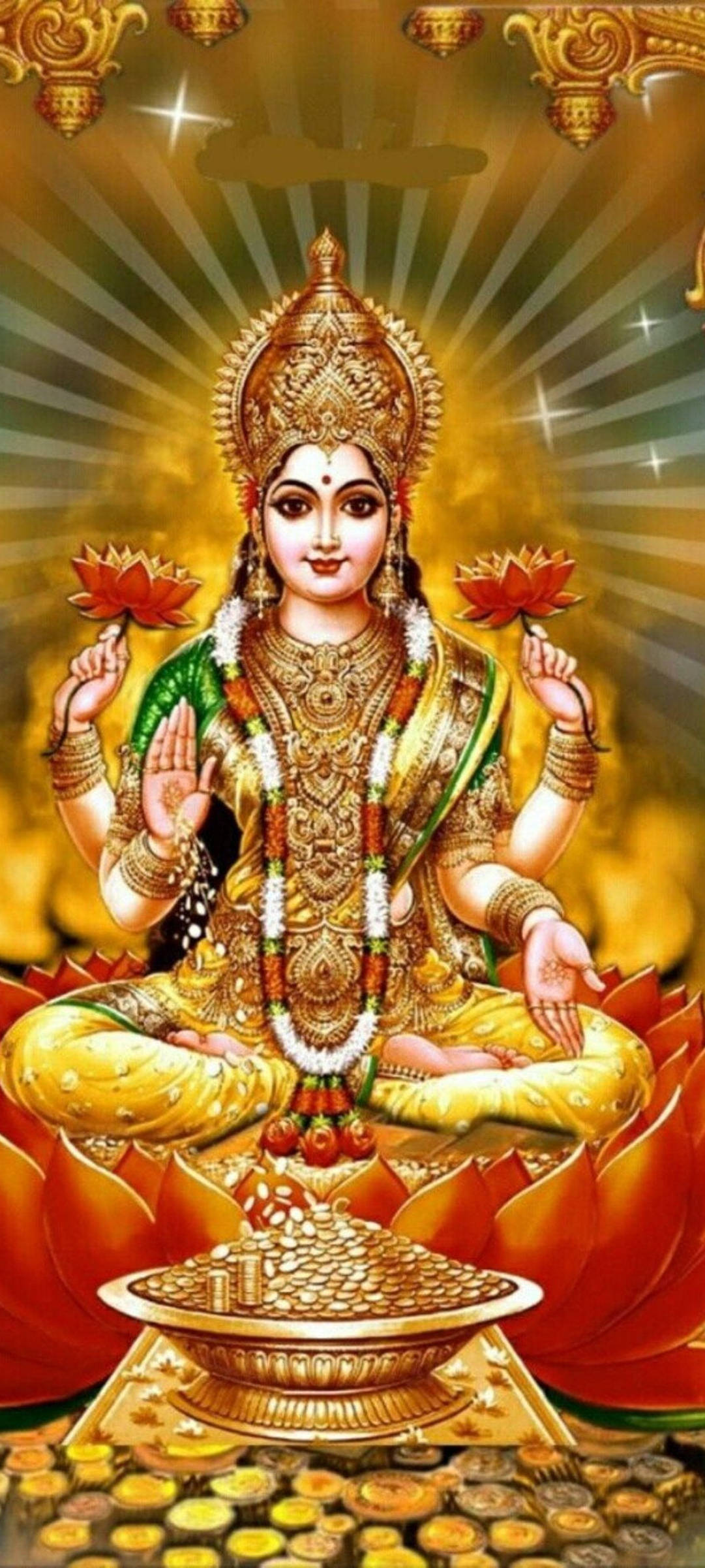 Ashta Lakshmi, golden deity, red lotus, Full HD Phone Wallpaper