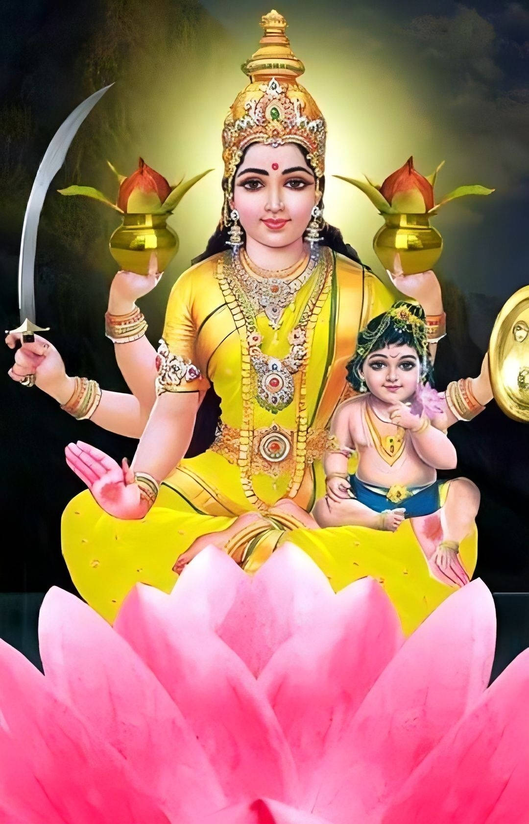 Ashta Lakshmi, four-armed goddess, golden attire, HD Phone Wallpaper
