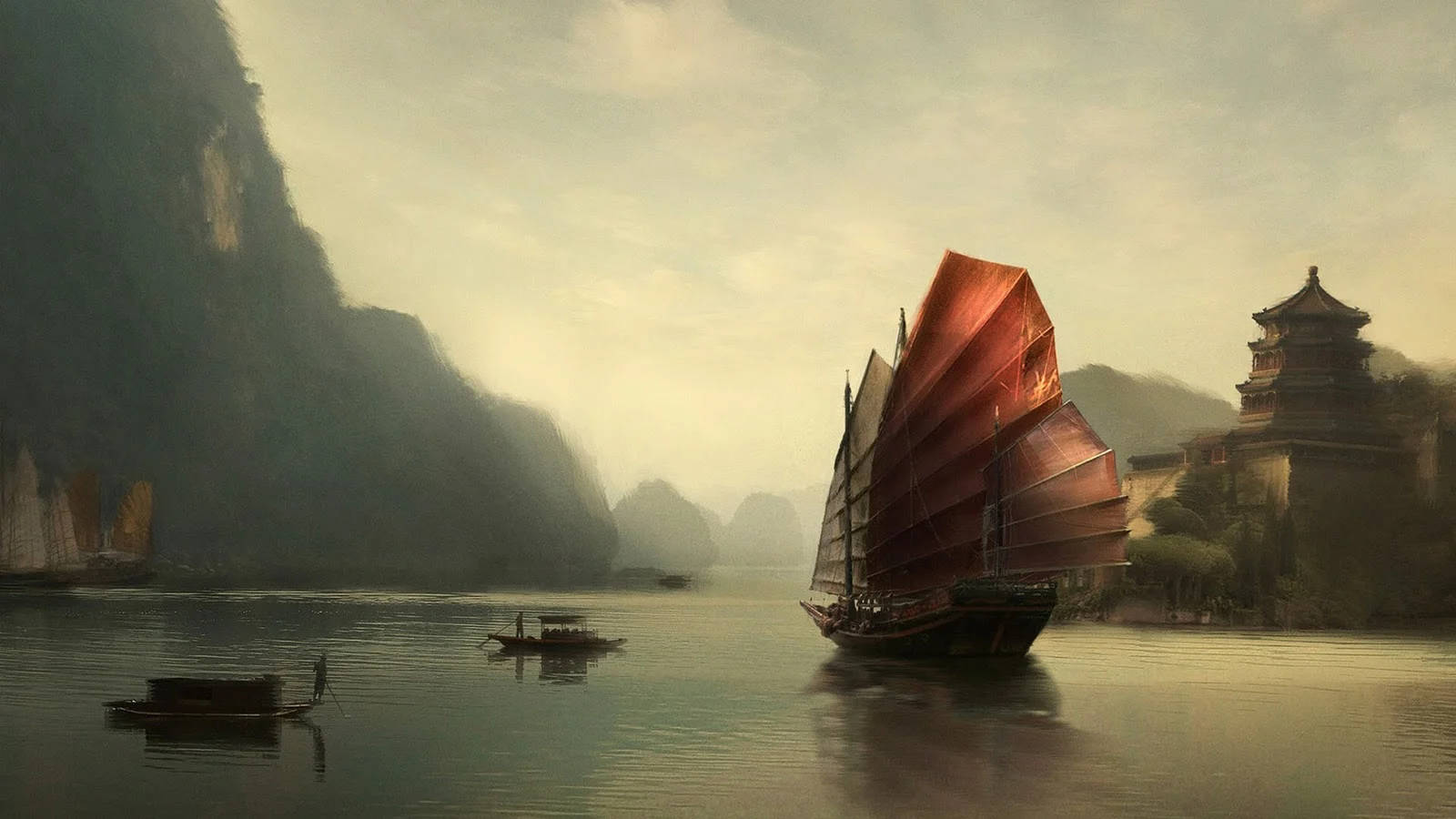traditional Chinese junk boat, red sails, misty river, HD Desktop Wallpaper