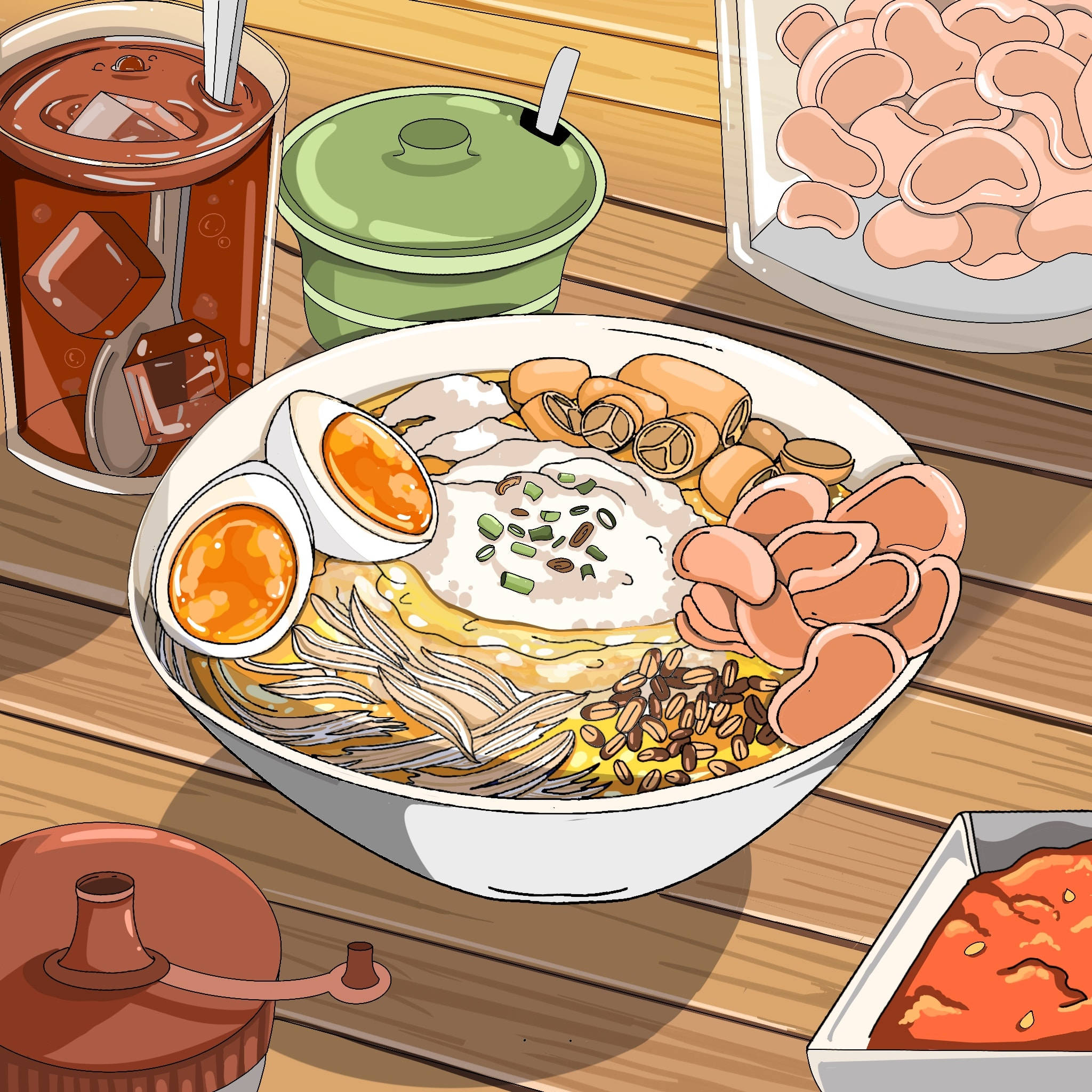 ramen, soft-boiled eggs, crispy fried snacks, Full HD Desktop Wallpaper