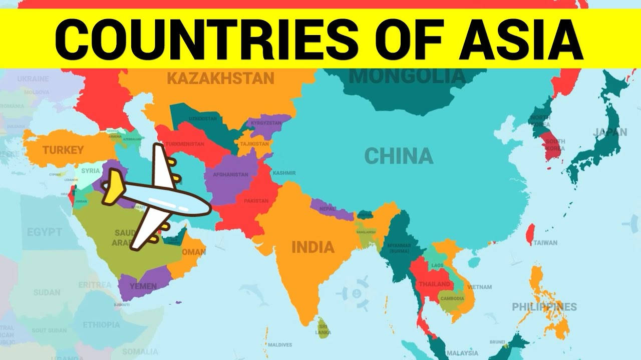 Asia, colorful illustrated map, countries labeled, HD Desktop Wallpaper