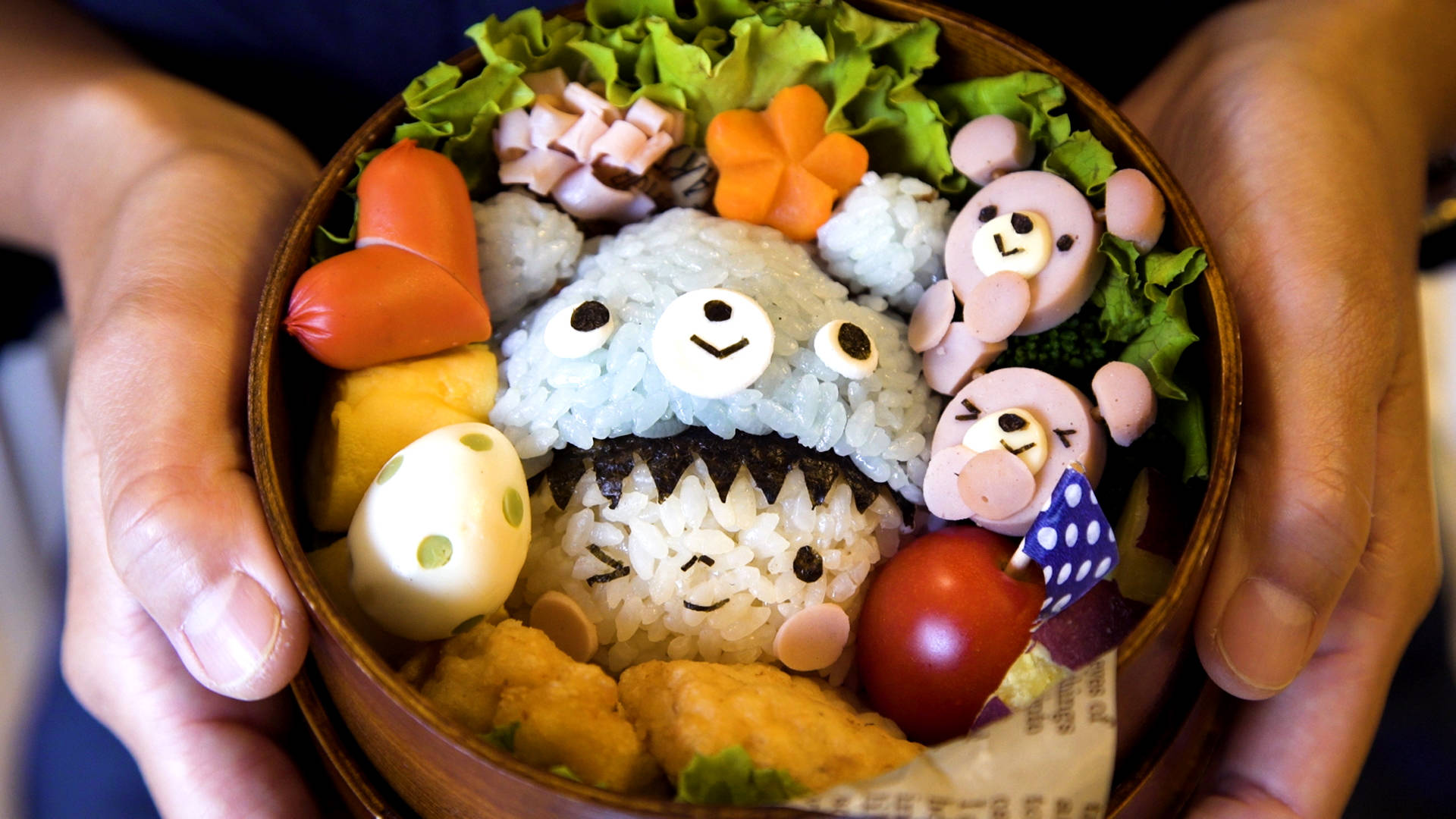 Asian Kawaii Bento Box, whimsical bento box, rice shaped like cute characters, Full HD Desktop Wallpaper