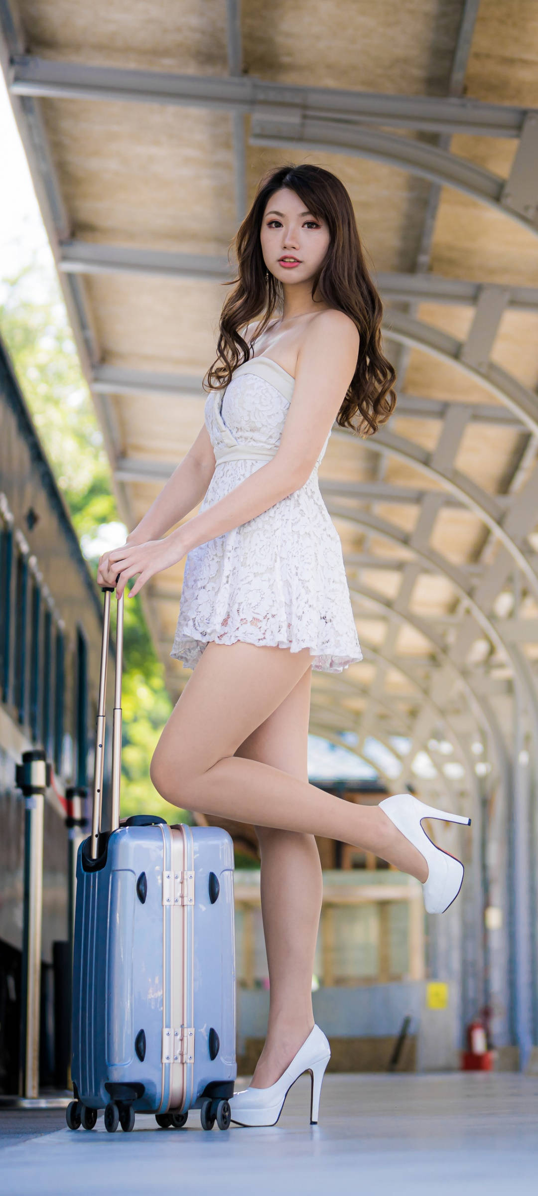 white lace dress, heels, blue suitcase, Full HD Phone Wallpaper