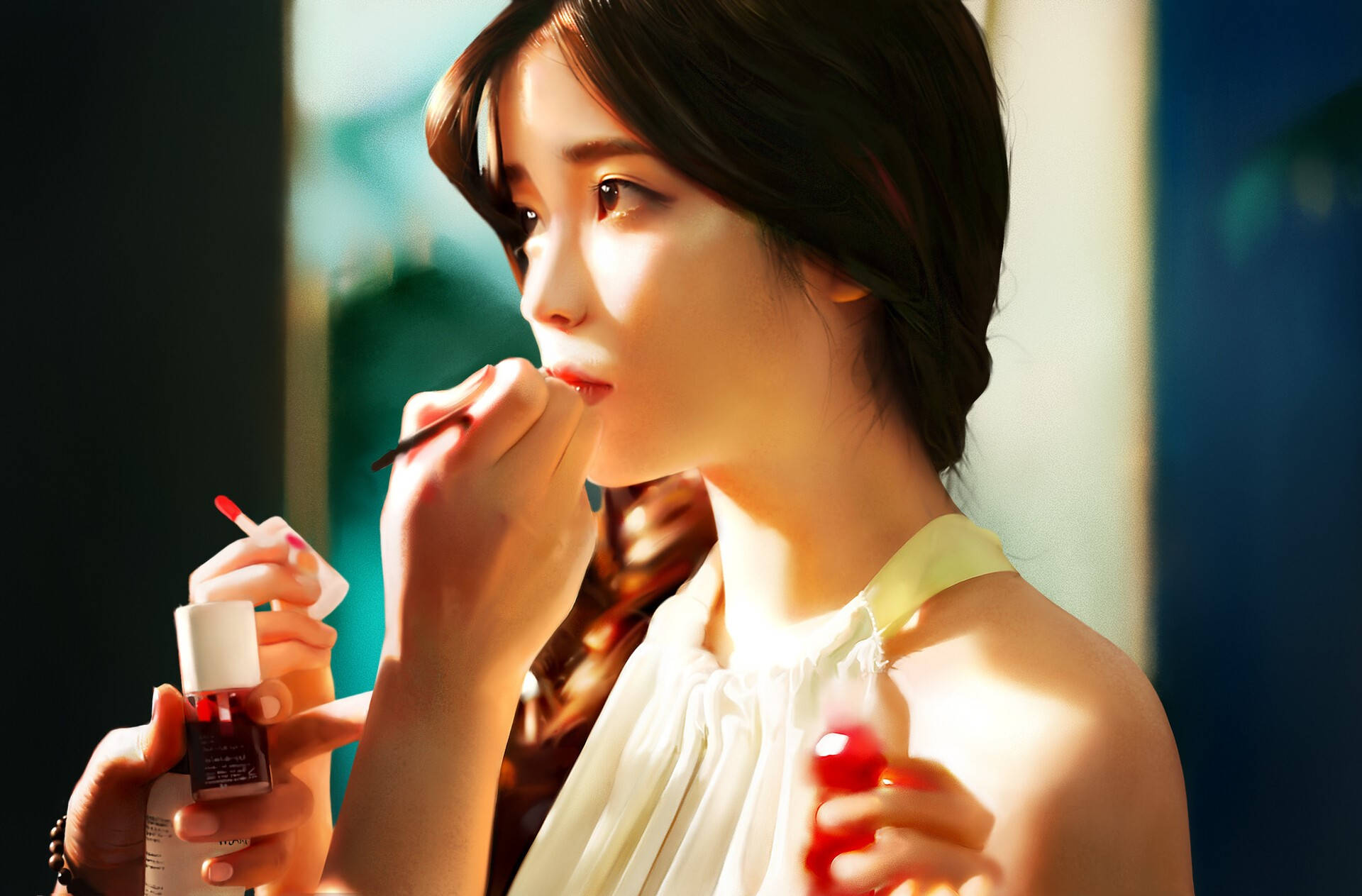 red lipstick, golden sunlight, window, Full HD Desktop Wallpaper