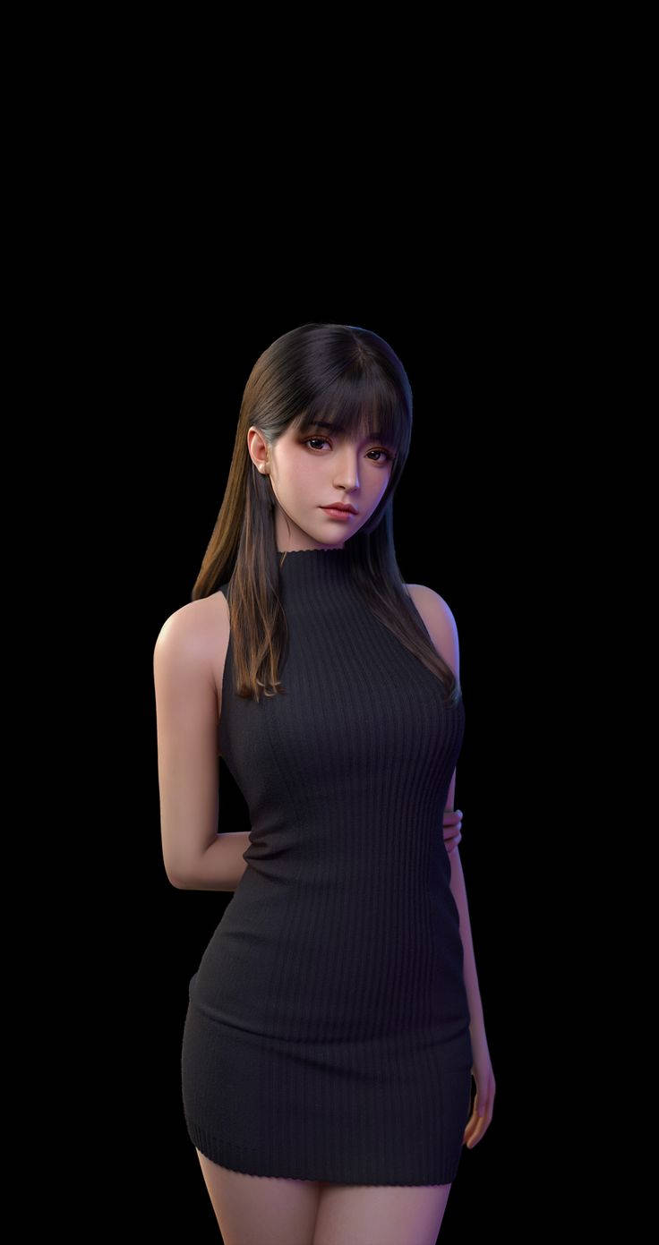 Asian Woman, black ribbed dress, pure black background, HD Phone Wallpaper