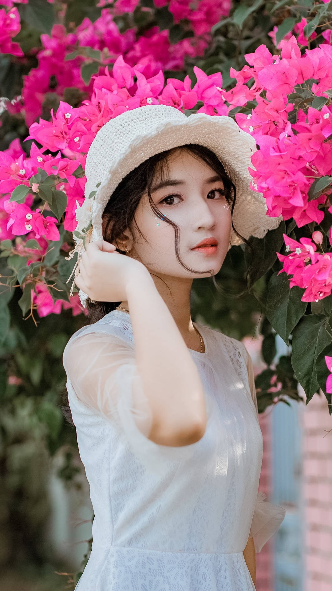 white dress, straw hat, vibrant pink bougainvillea flowers, Full HD Phone Wallpaper