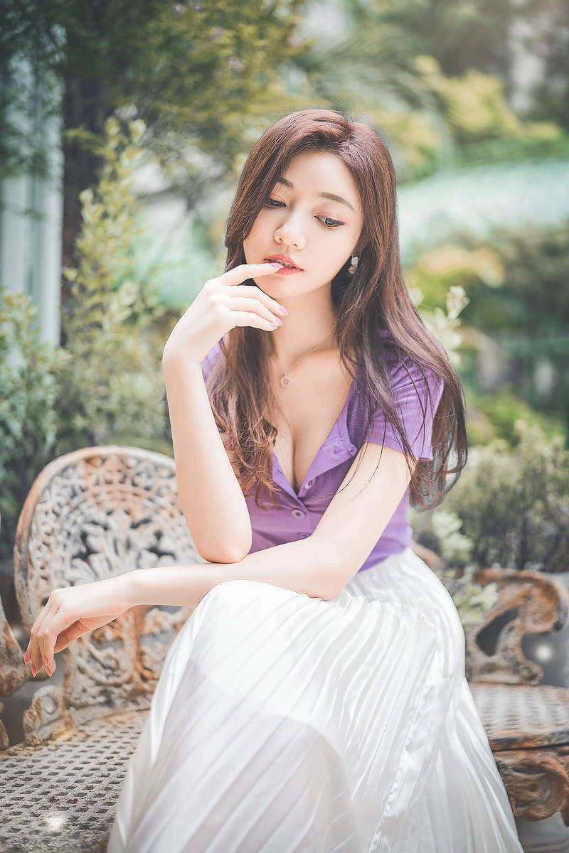 purple top, white skirt, ornate garden bench, SD Phone Wallpaper