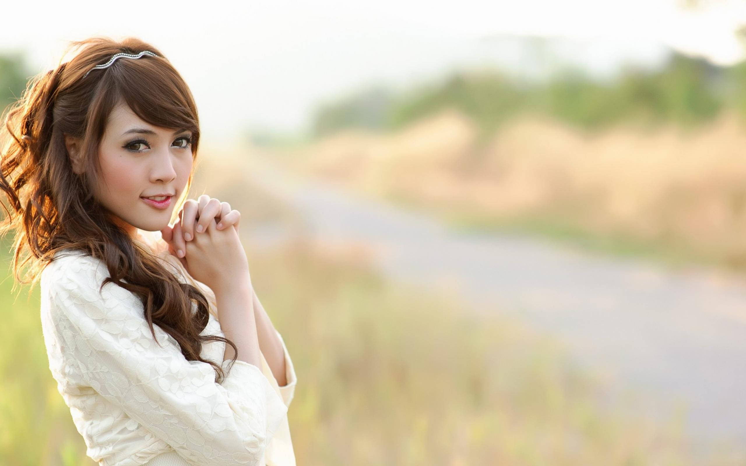 Asian Women, river, cream sweater, 2K Desktop Wallpaper
