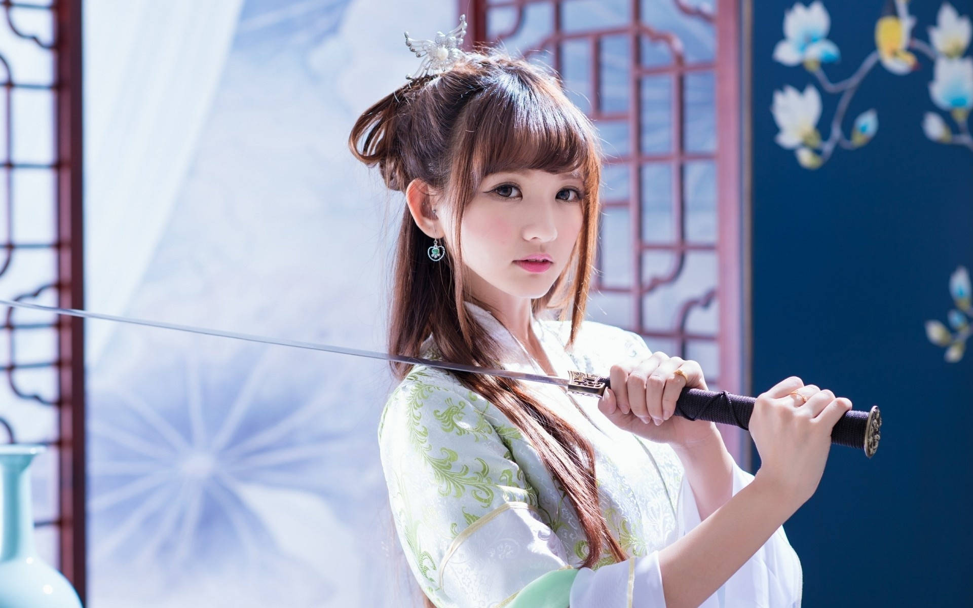 green and white attire, sword, blue floral screen, Full HD Desktop Wallpaper
