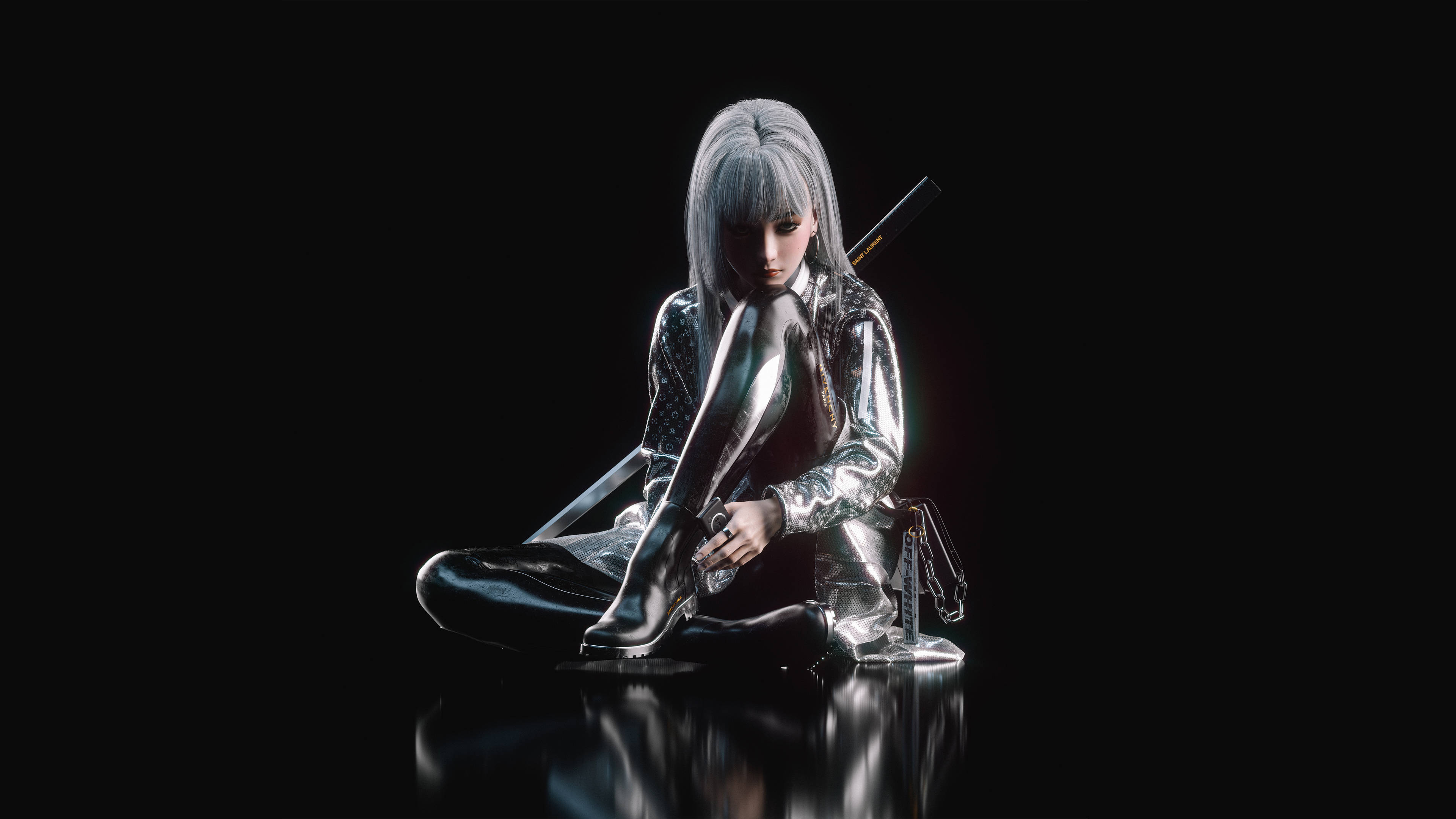 silver hair, anime girl, reflective metallic outfit, 4K Desktop Wallpaper
