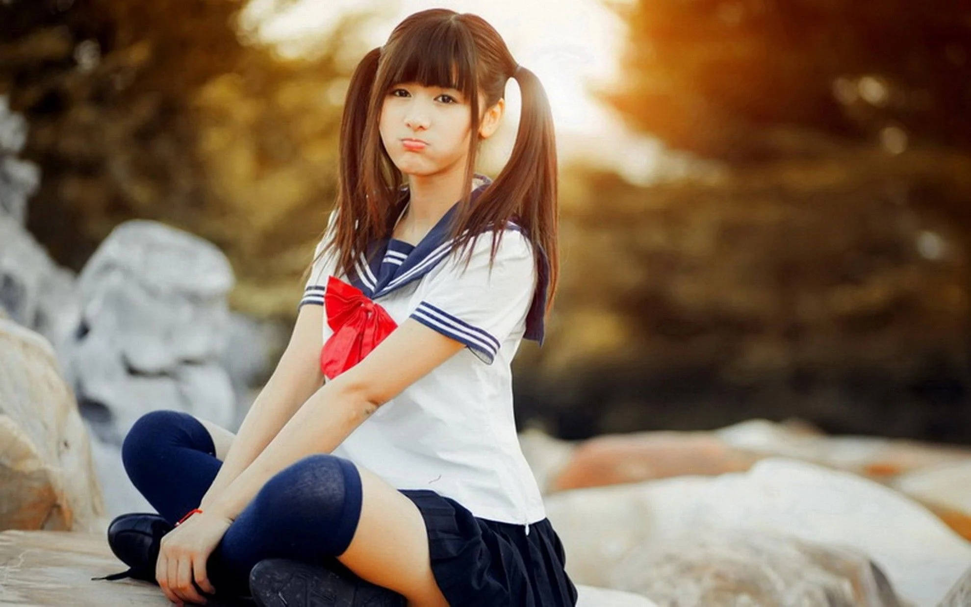 sailor uniform, golden sunset, pigtails, Full HD Desktop Wallpaper