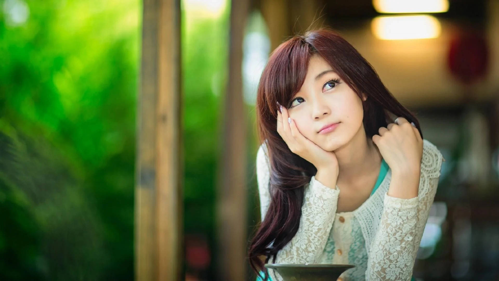 Asian Woman, long brown hair, softly lit cafe, Full HD Desktop Wallpaper