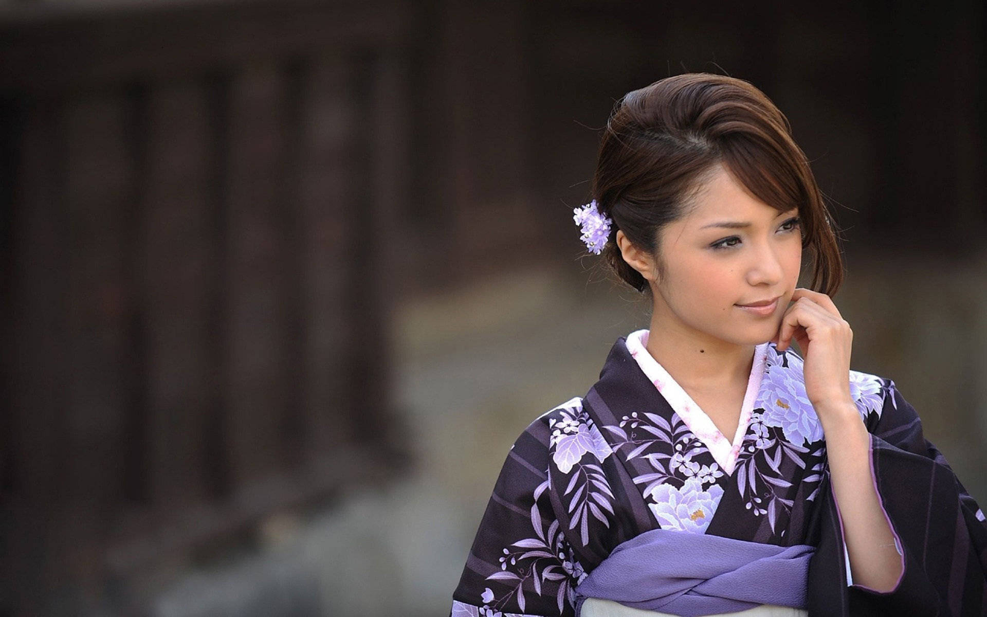purple kimono, dark purple kimono, lavender floral patterns, Full HD Desktop Wallpaper