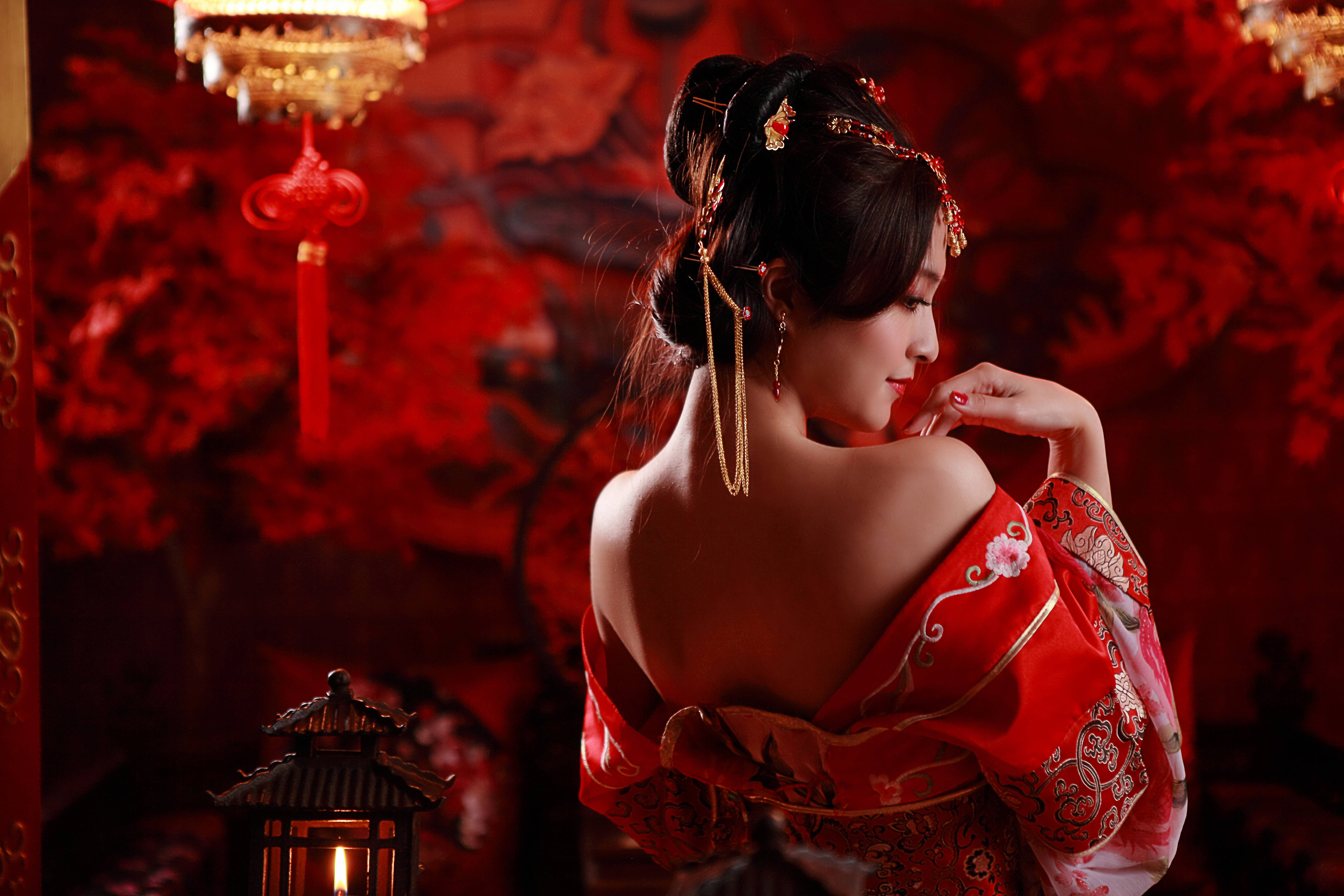 red traditional attire, hanging lanterns, floral patterns, 5K Desktop Wallpaper