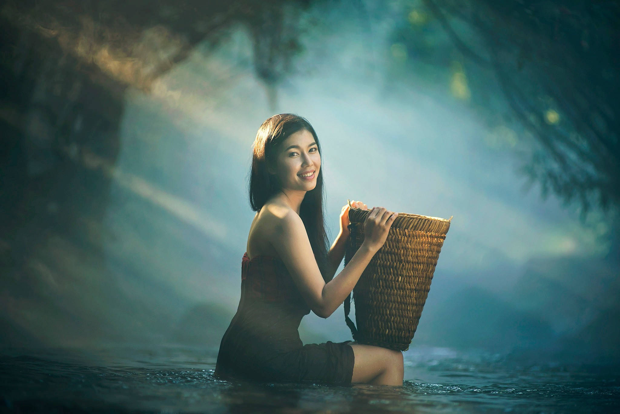 rattan basket, misty water, forest canopy, Full HD Desktop Wallpaper