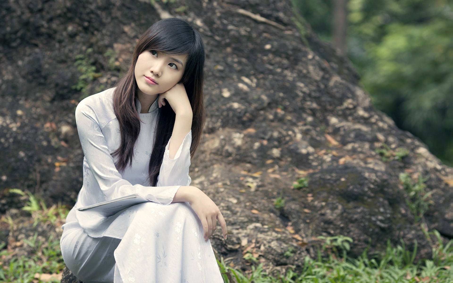 white dress, mossy rock, lush green forest, Full HD Desktop Wallpaper