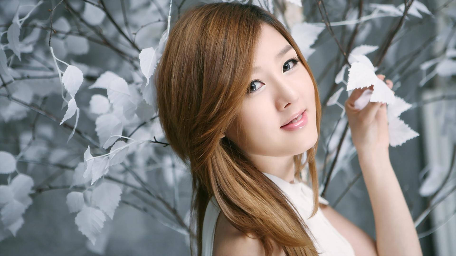 Asian Woman, white leaf, monochrome backdrop, Full HD Desktop Wallpaper