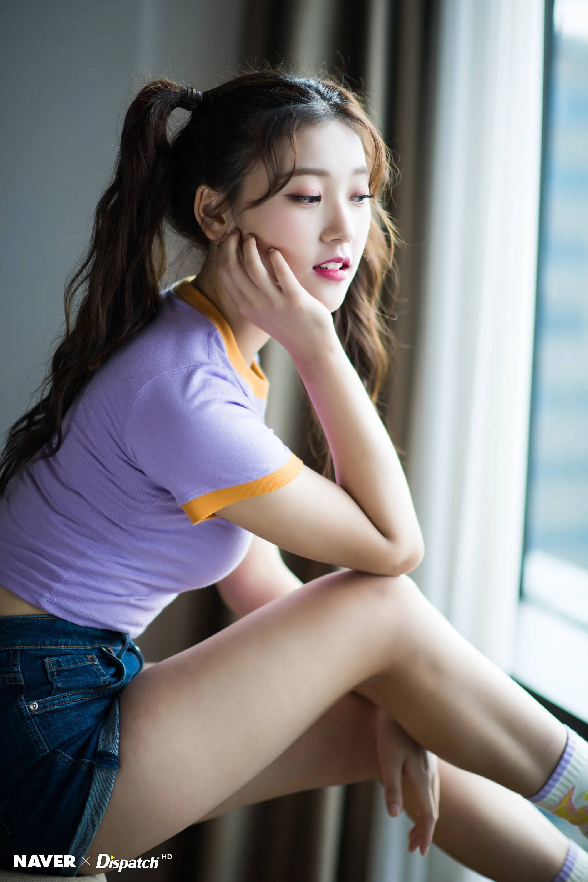 pigtails, purple shirt, denim shorts, 2K Phone Wallpaper