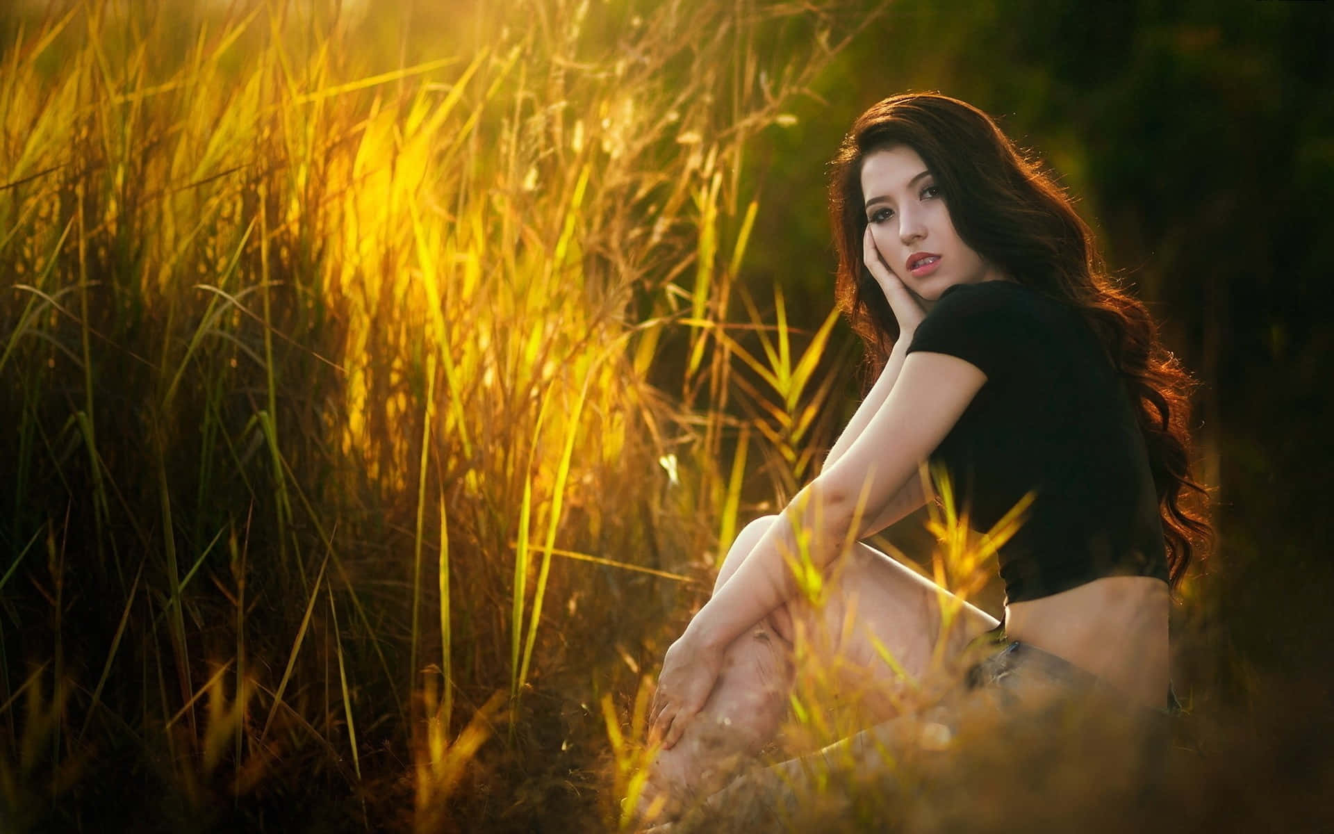 Asian, dark hair, golden grass, Full HD Desktop Wallpaper