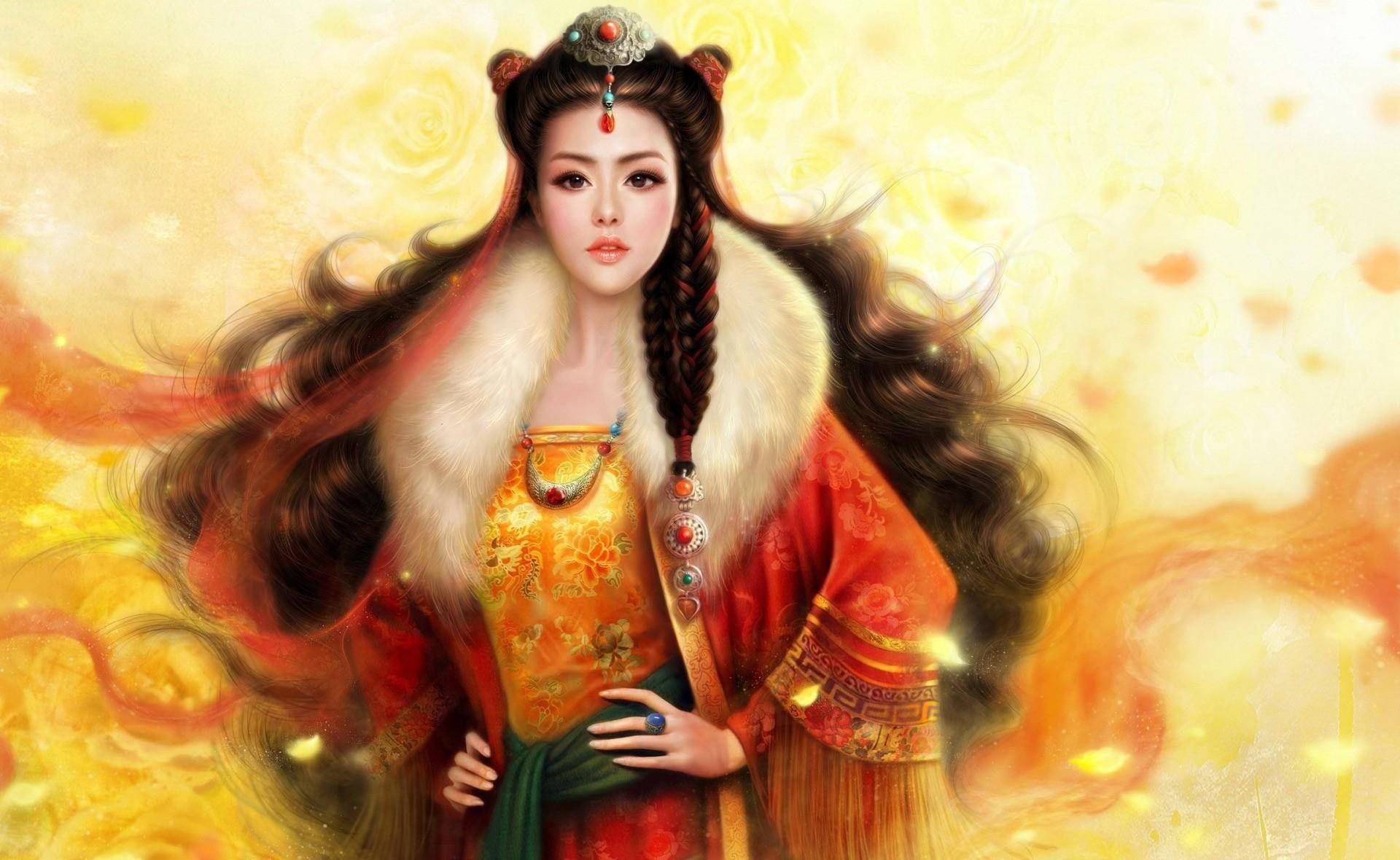 empress fantasy girl, red and gold traditional attire, radiant golden swirling background, Full HD Desktop Wallpaper