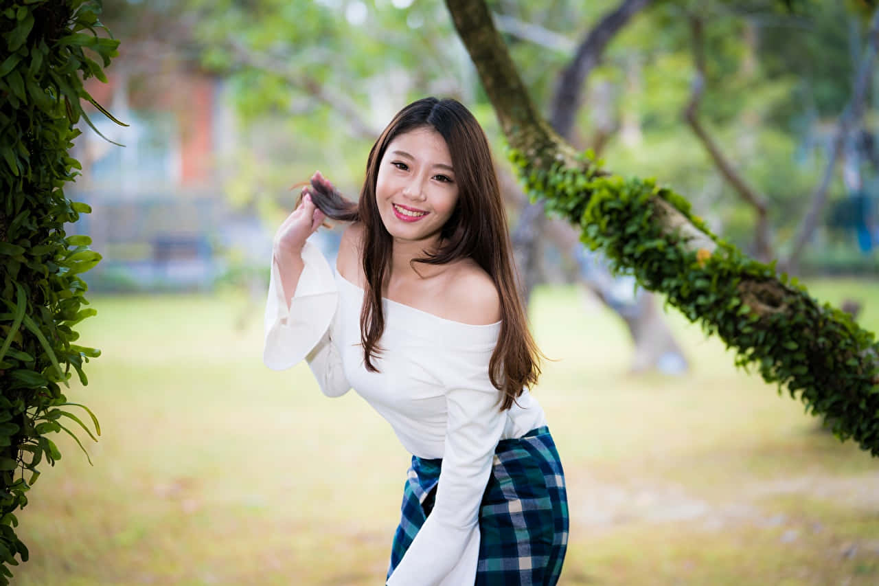 young woman, white off-shoulder top, plaid skirt, HD Desktop Wallpaper