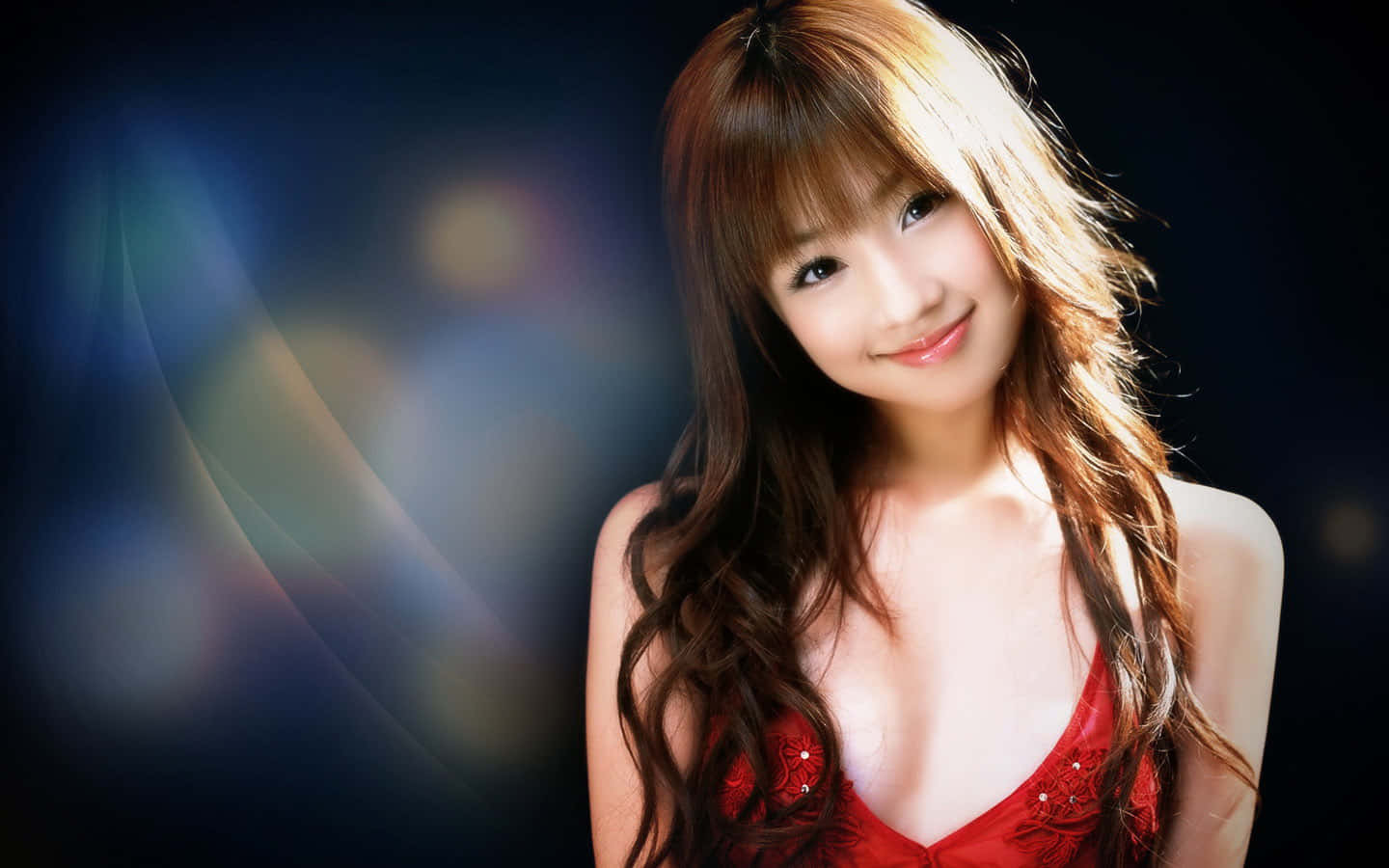 smiling Asian model, long brown hair, red dress, HD Desktop Wallpaper