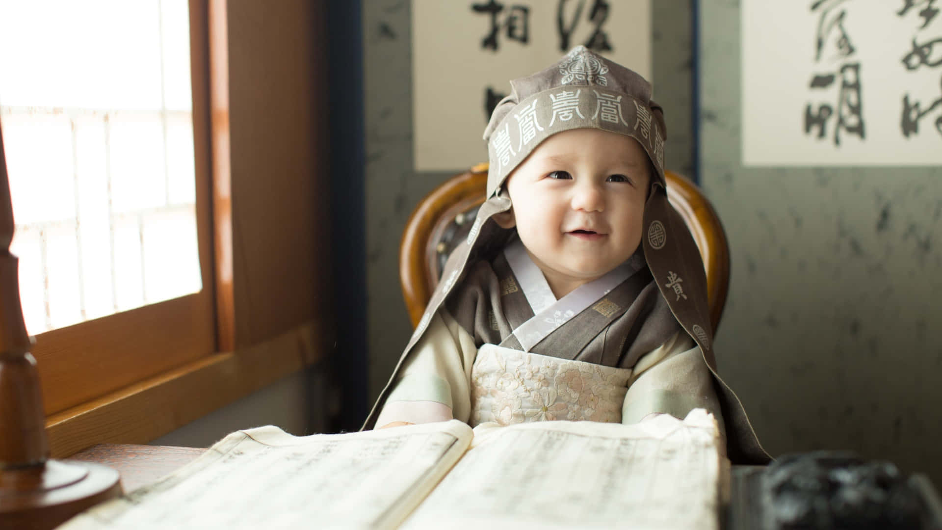 Asian boy, traditional Korean hanbok, wooden desk, Full HD Desktop Wallpaper