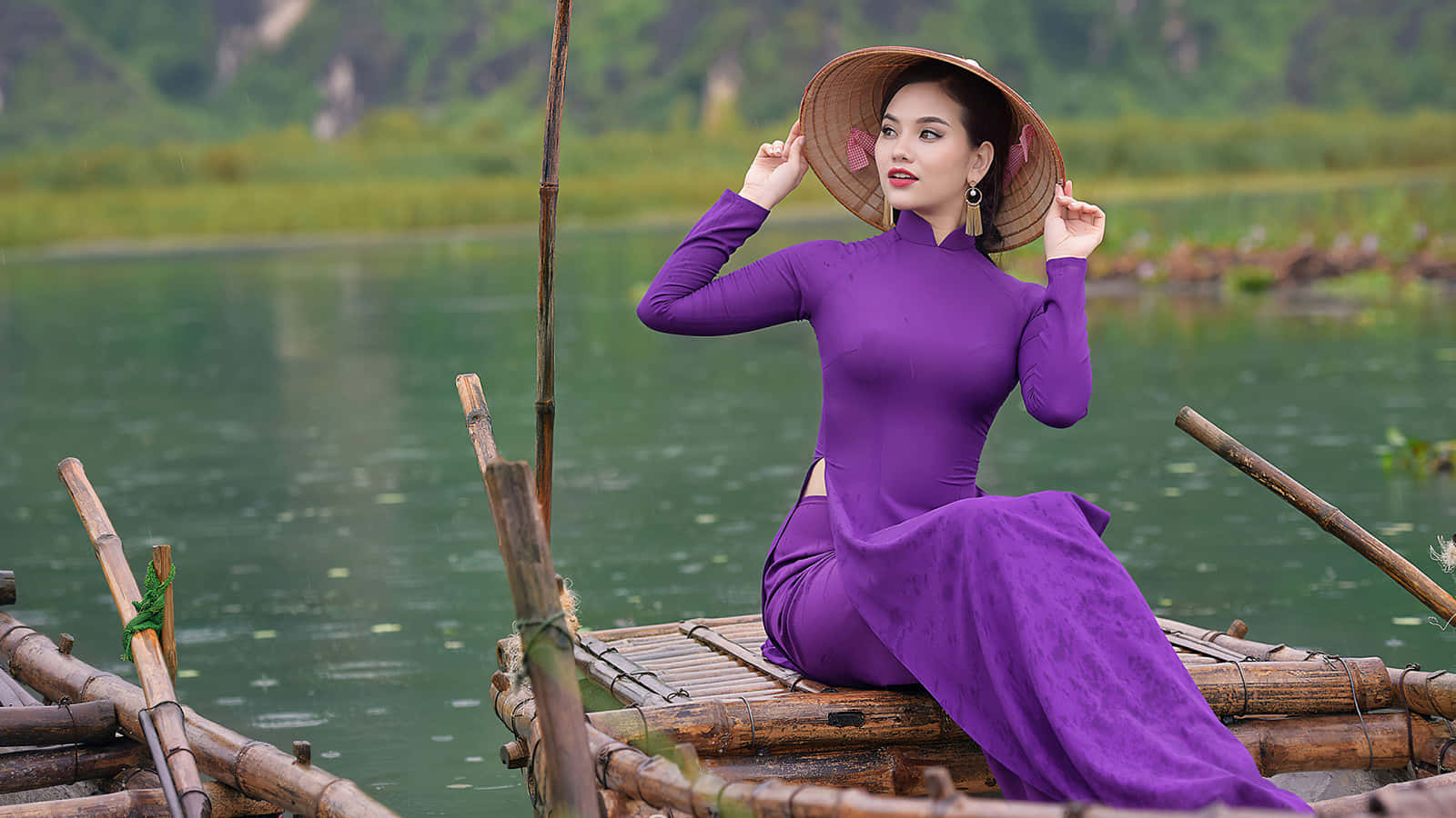 ao dai, conical hat, bamboo raft, HD Desktop Wallpaper