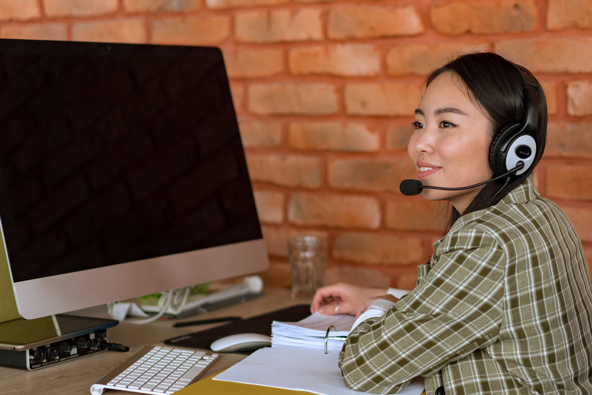 Asian woman, plaid shirt, headset, Full HD Desktop Wallpaper