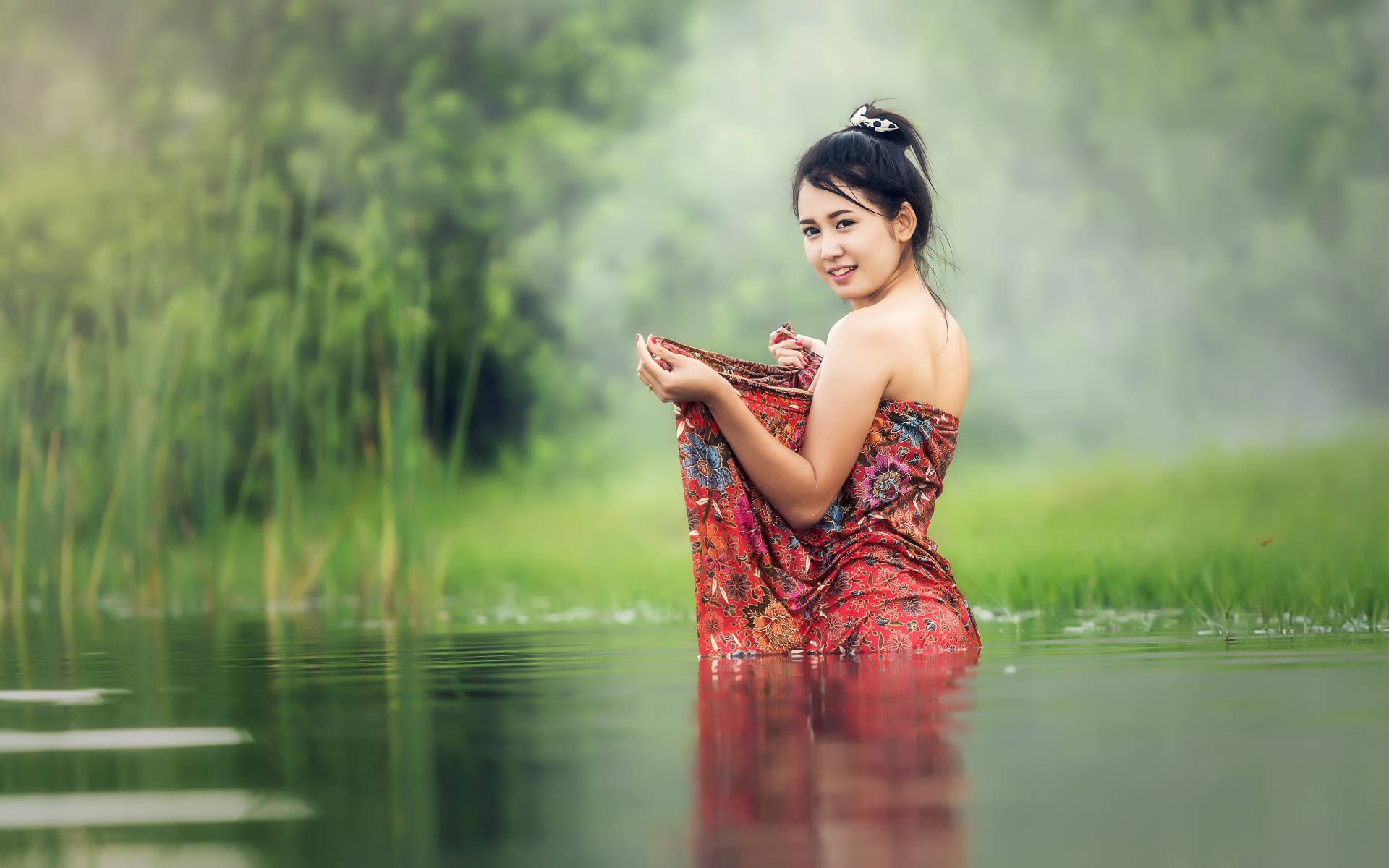 Asian women, bathing, river, Full HD Desktop Wallpaper