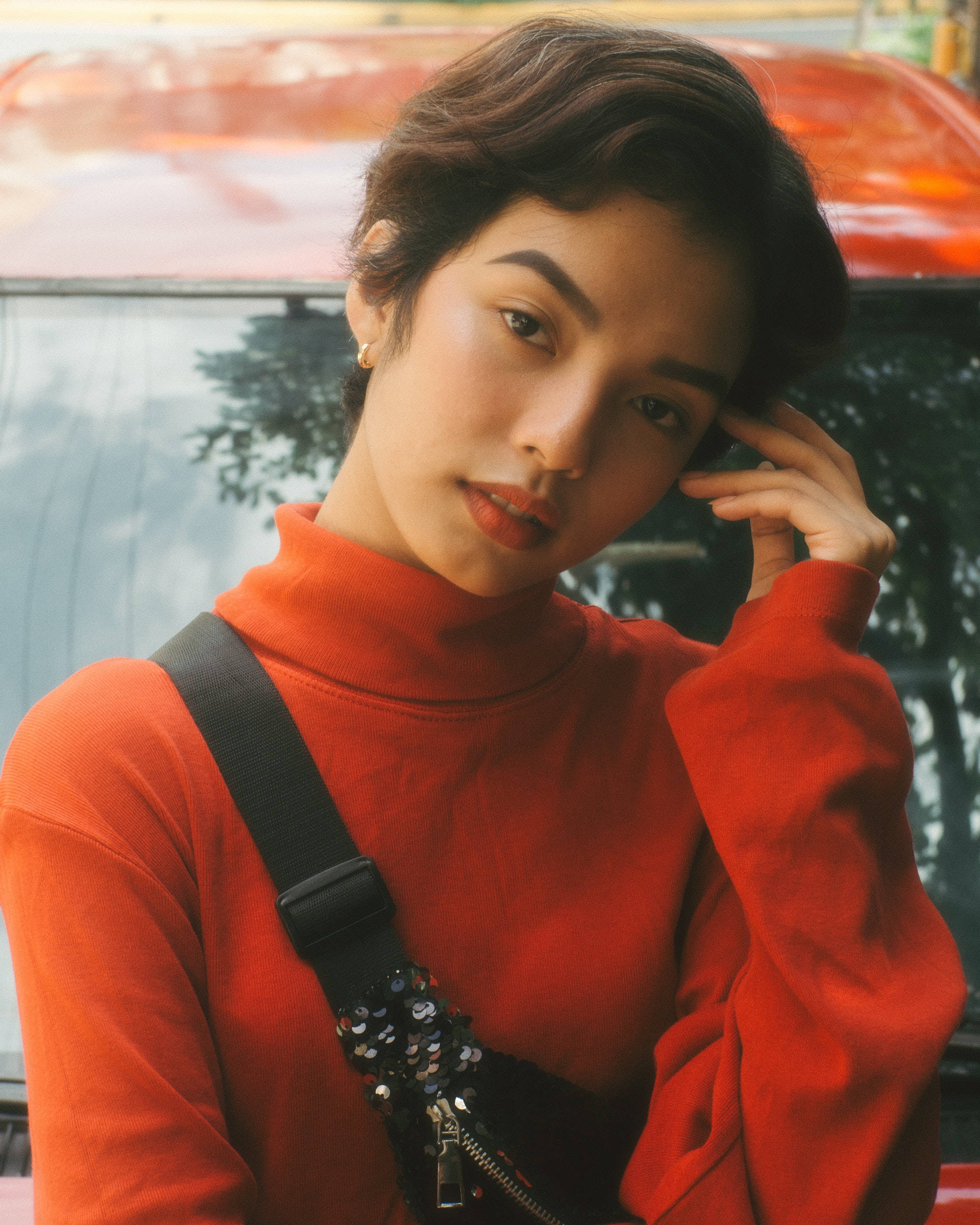 Asian woman, stylish red turtleneck, vibrant red turtleneck, Full HD Phone Wallpaper