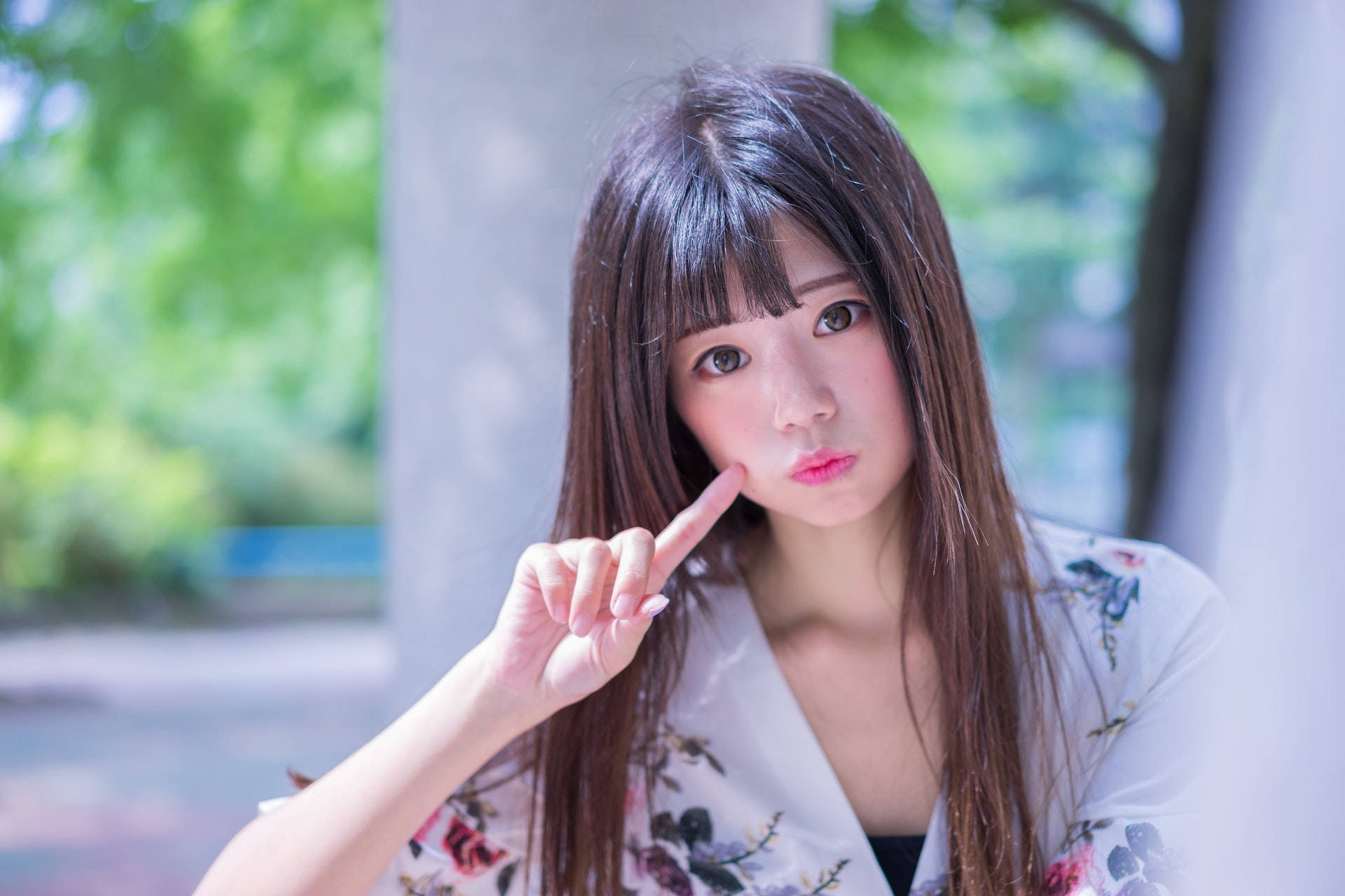 Asian woman, white kimono, long dark hair, Full HD Desktop Wallpaper
