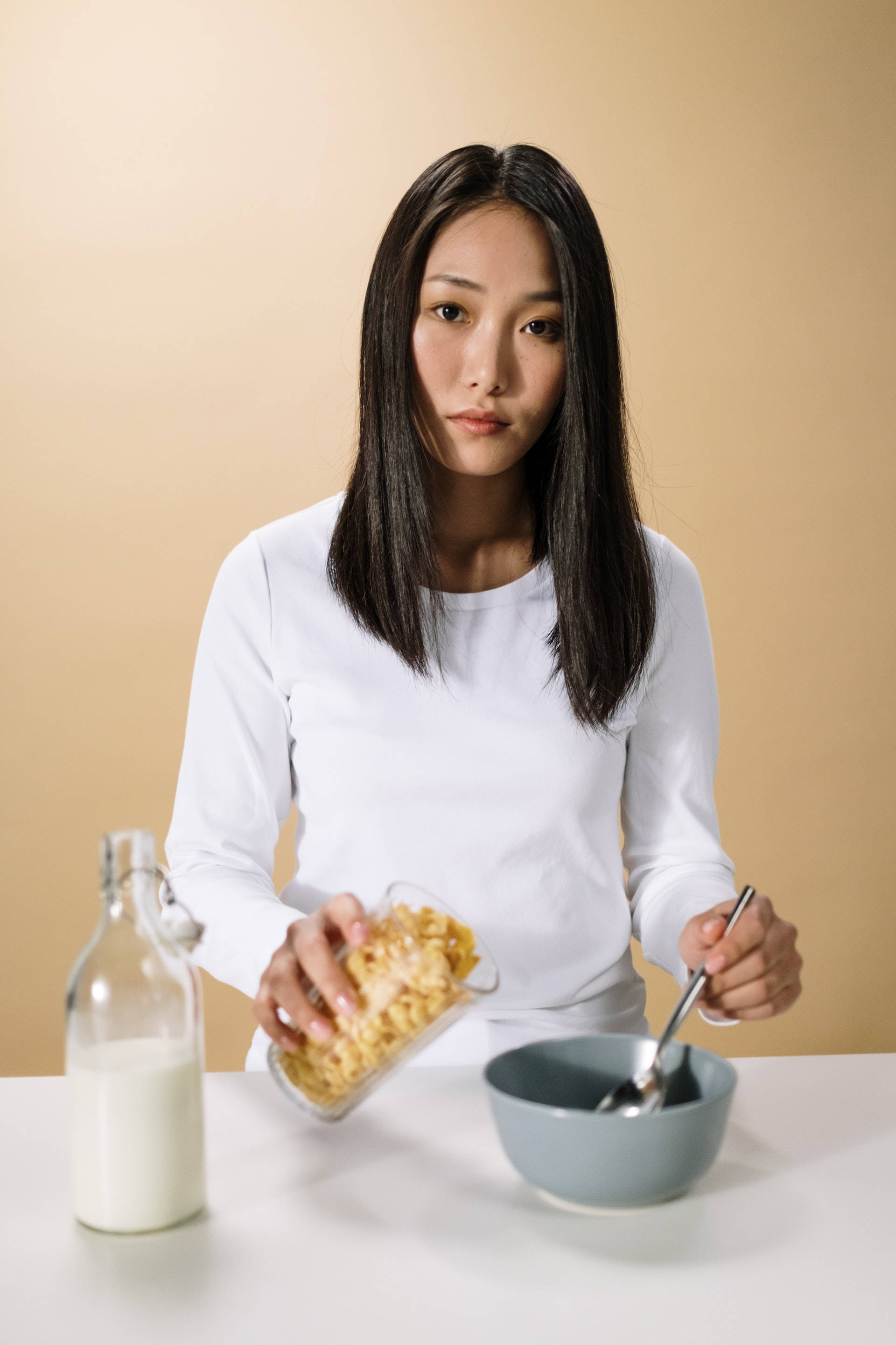 Asian woman, milk bottle, cereal, 2K Phone Wallpaper