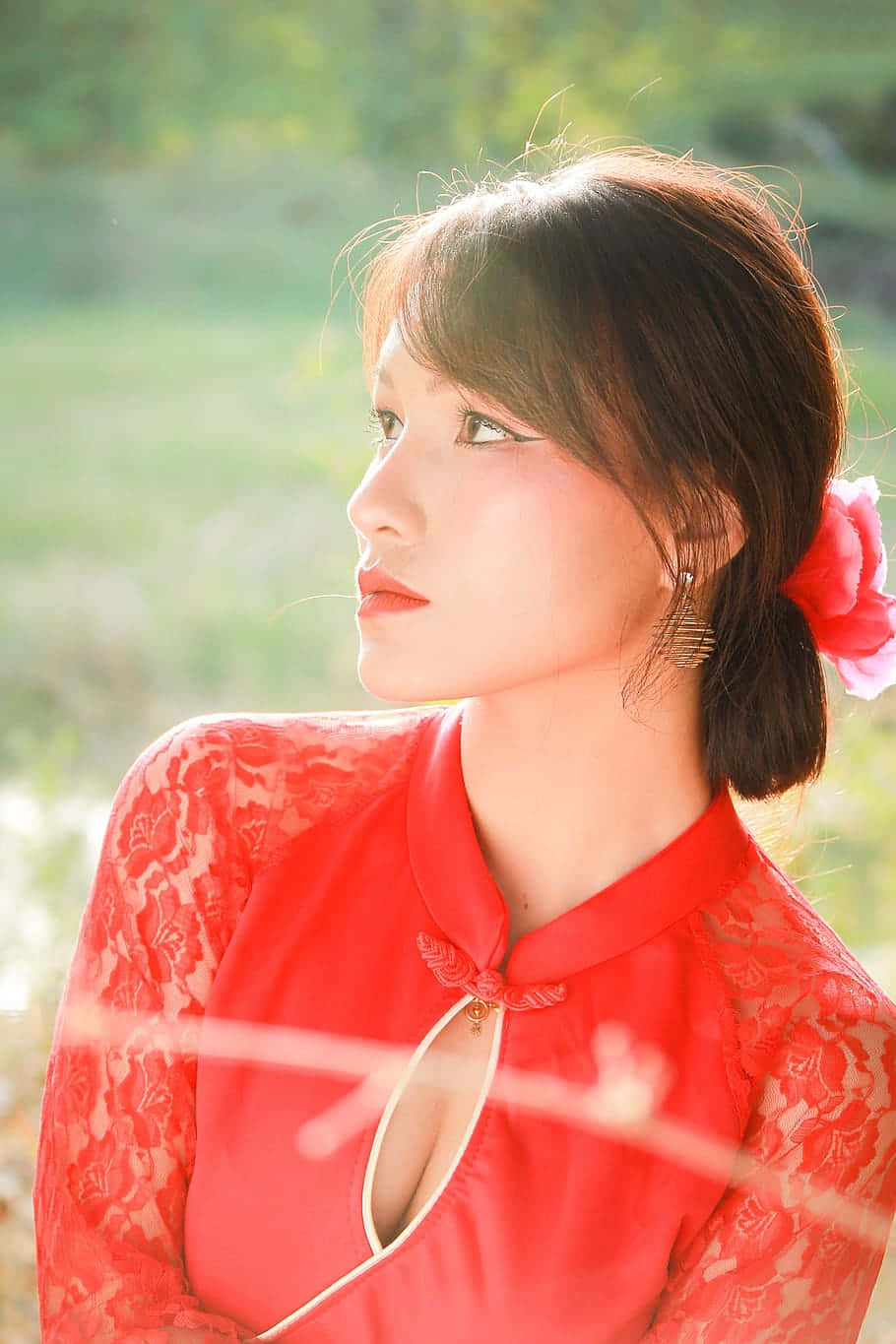 red lace qipao, woman, soft sunlight, HD Phone Wallpaper