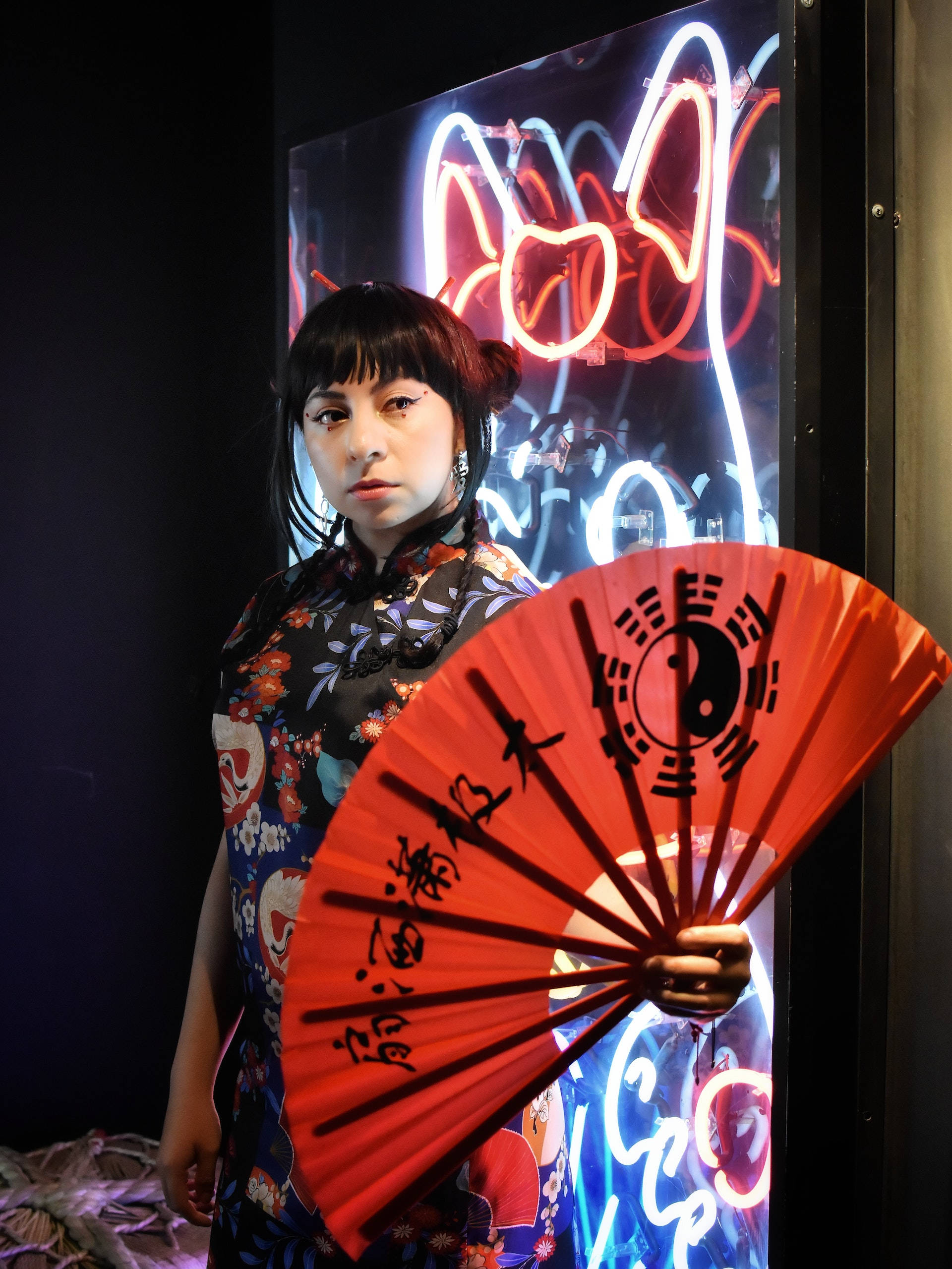 floral qipao, red fan, yin yang symbol, Full HD Phone Wallpaper