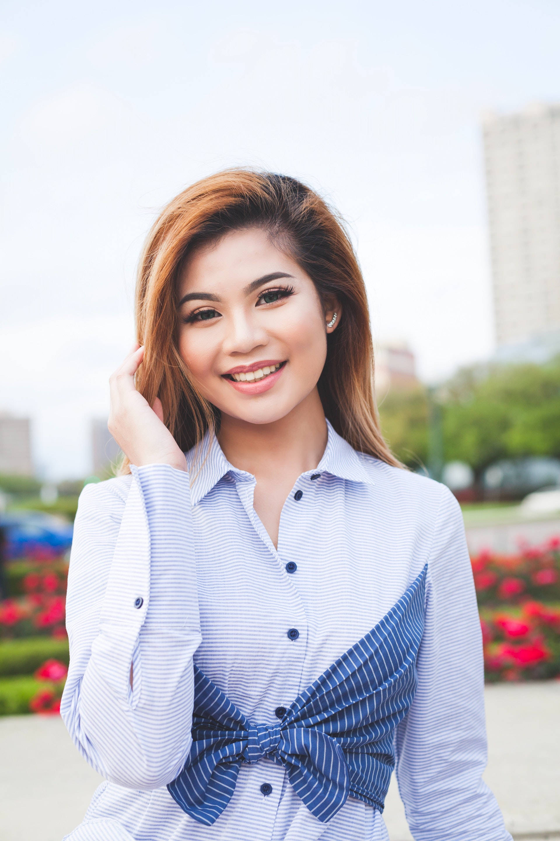 Asian woman, blue striped blouse, bow, 2K Phone Wallpaper