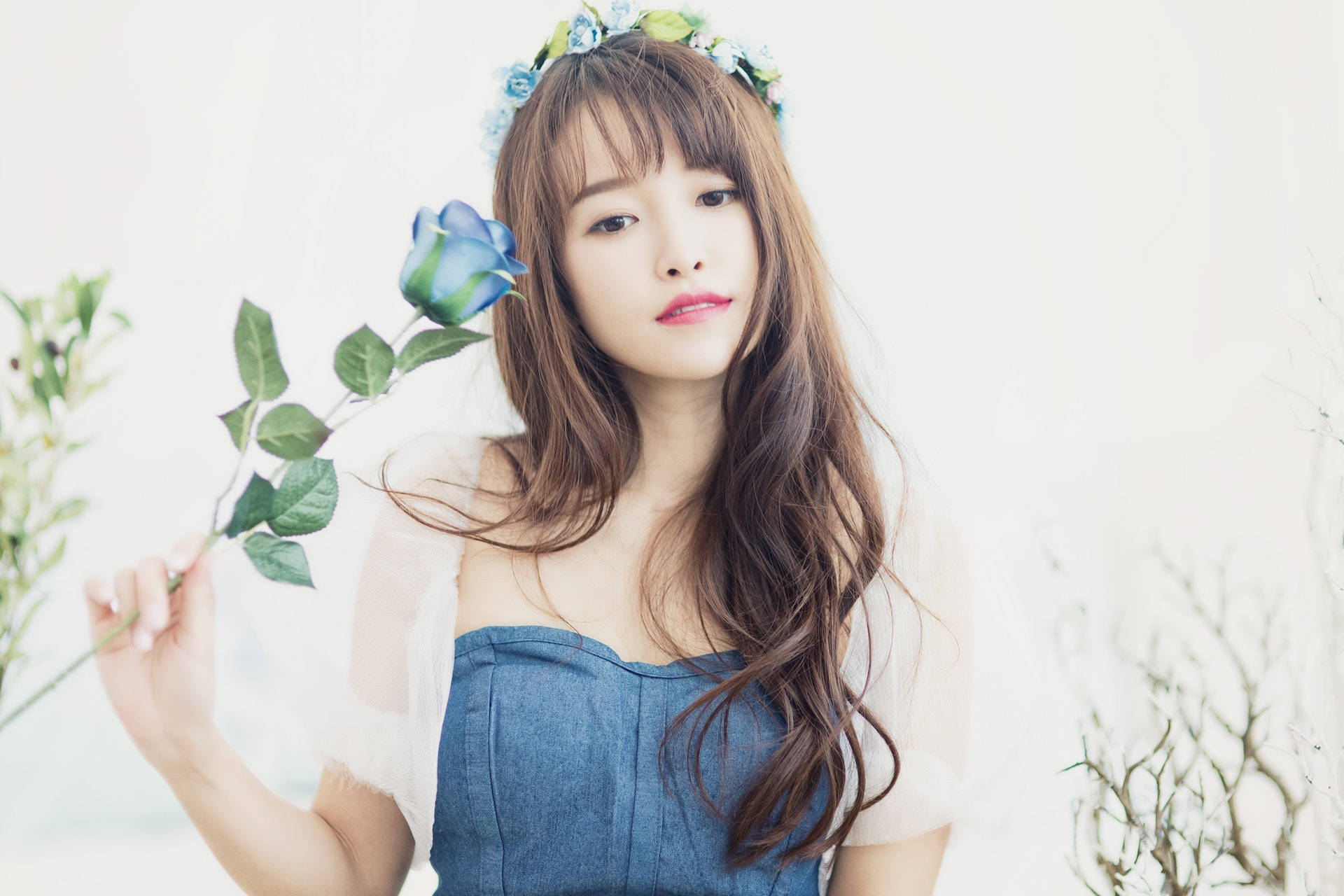 Asian woman, blue rose, floral crown, Full HD Desktop Wallpaper